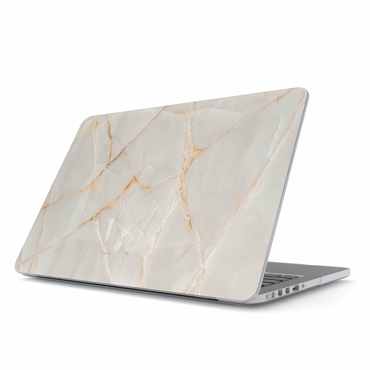 Retro del laptop con motivo marmoreo. Vene dorate su grigio chiaro. Sfondo bianco.