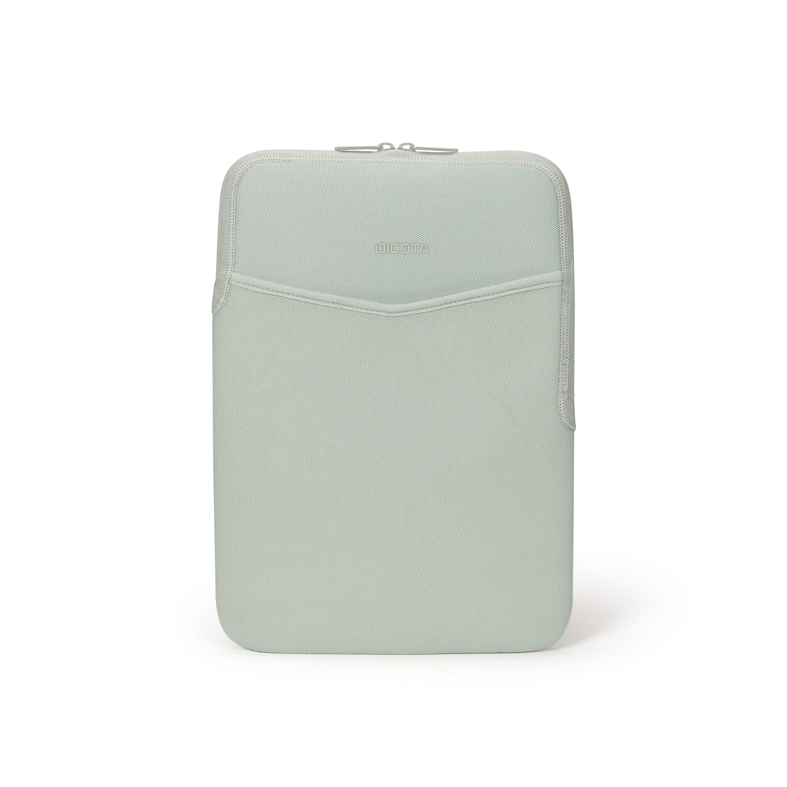 Custodia per laptop verde chiaro. Chiusura con zip. Sfondo bianco.