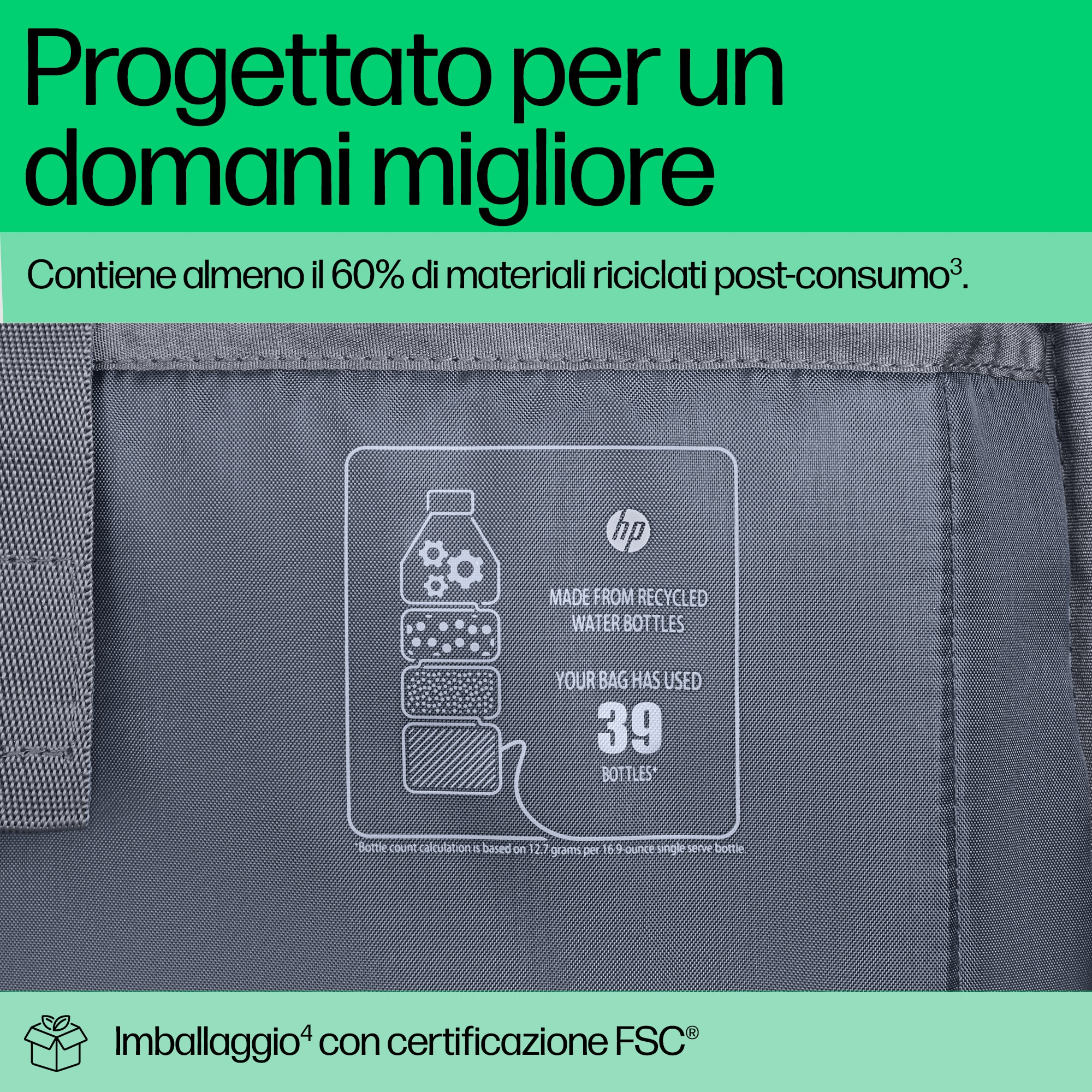 Una borsa grigia con testo sui materiali riciclati e un diagramma di bottiglie d'acqua.