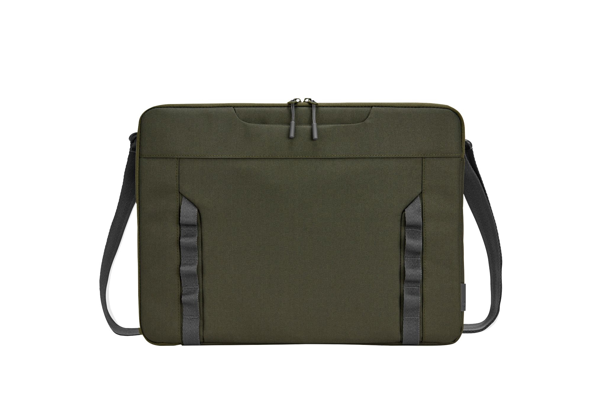 Una borsa per laptop verde scuro con spallacci e una cerniera.