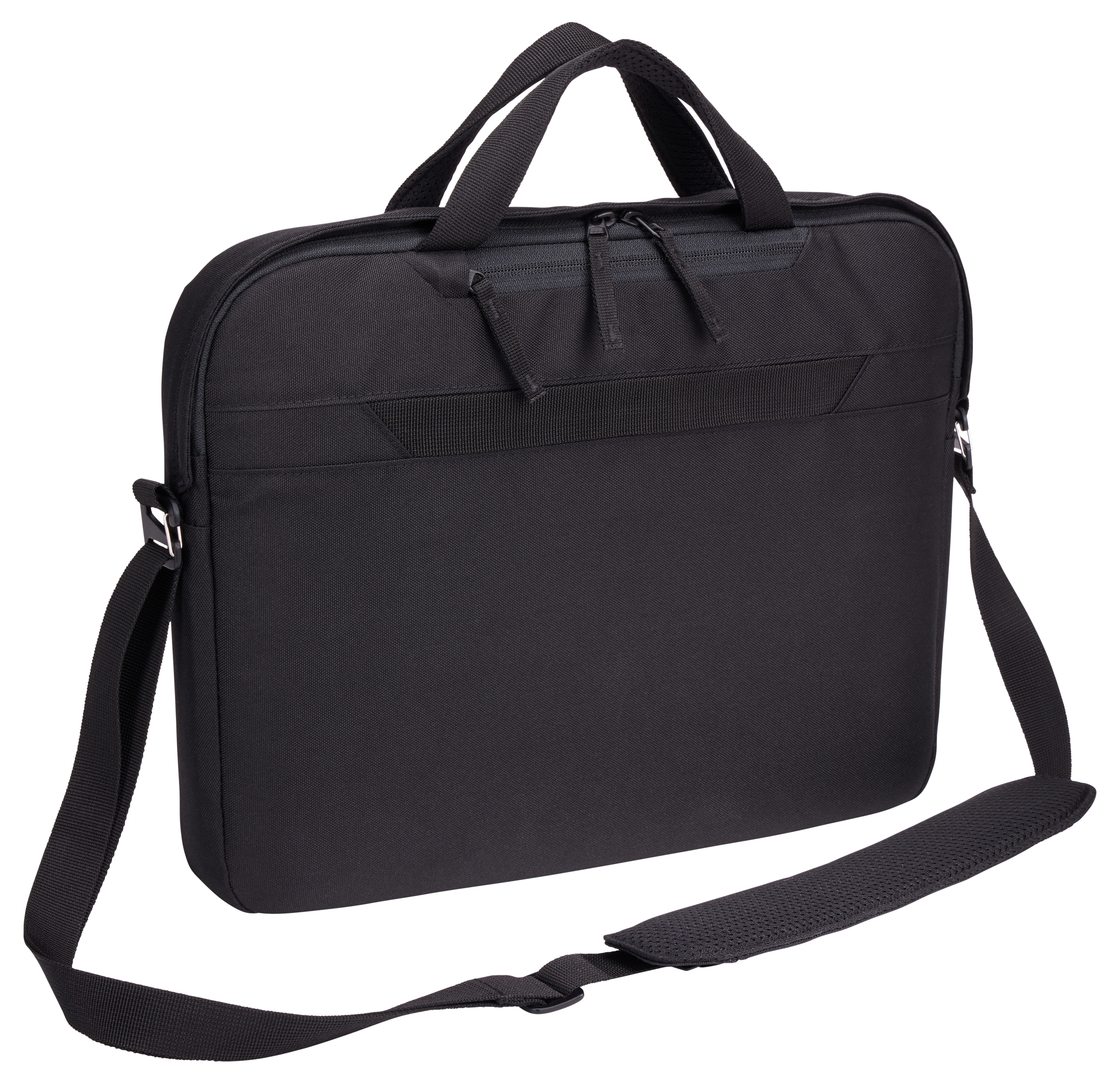 Zwarte laptoptas met schouderriem. Witte achtergrond.