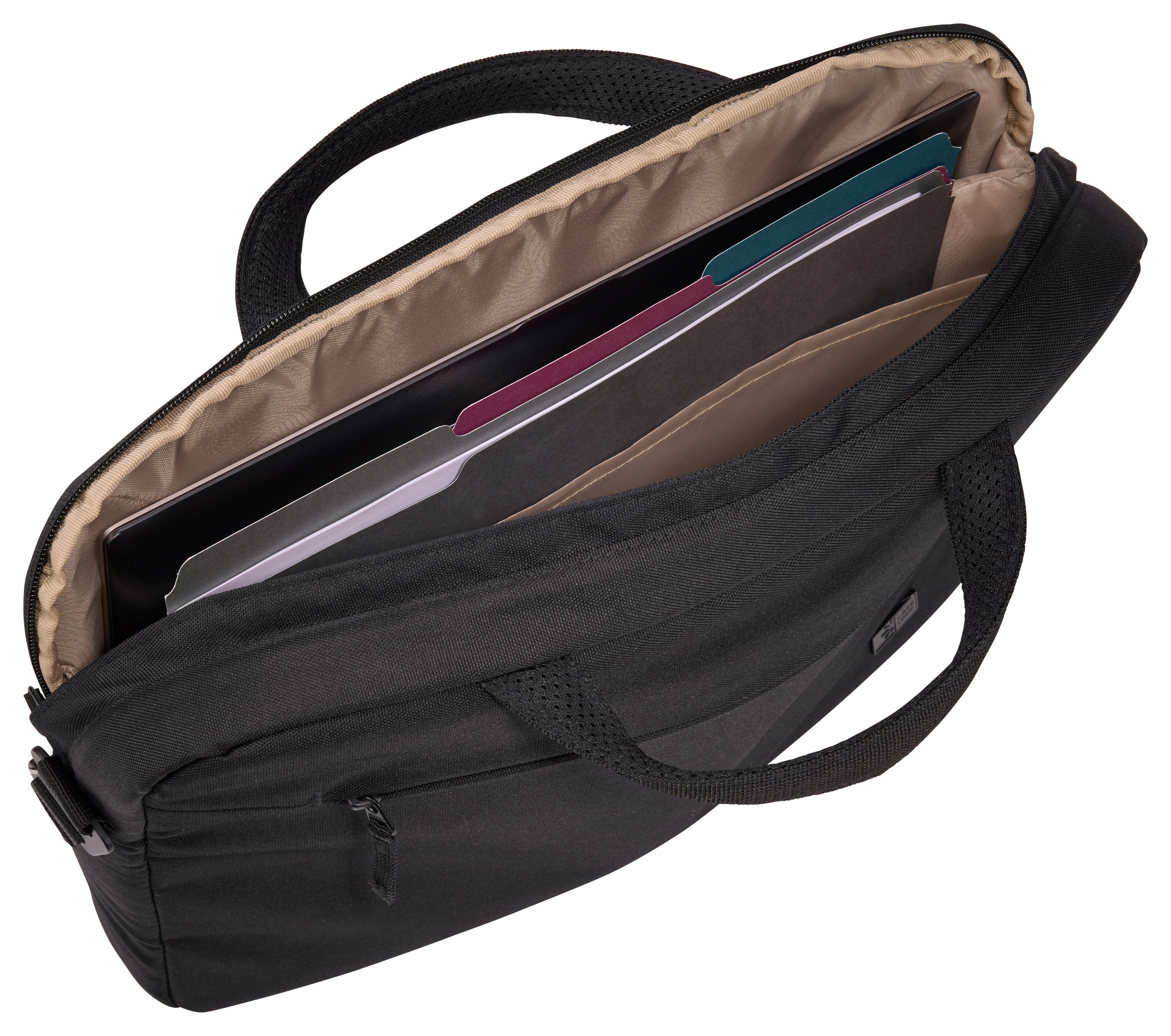 Zwarte laptoptas, open. Bevat mappen en een laptop.