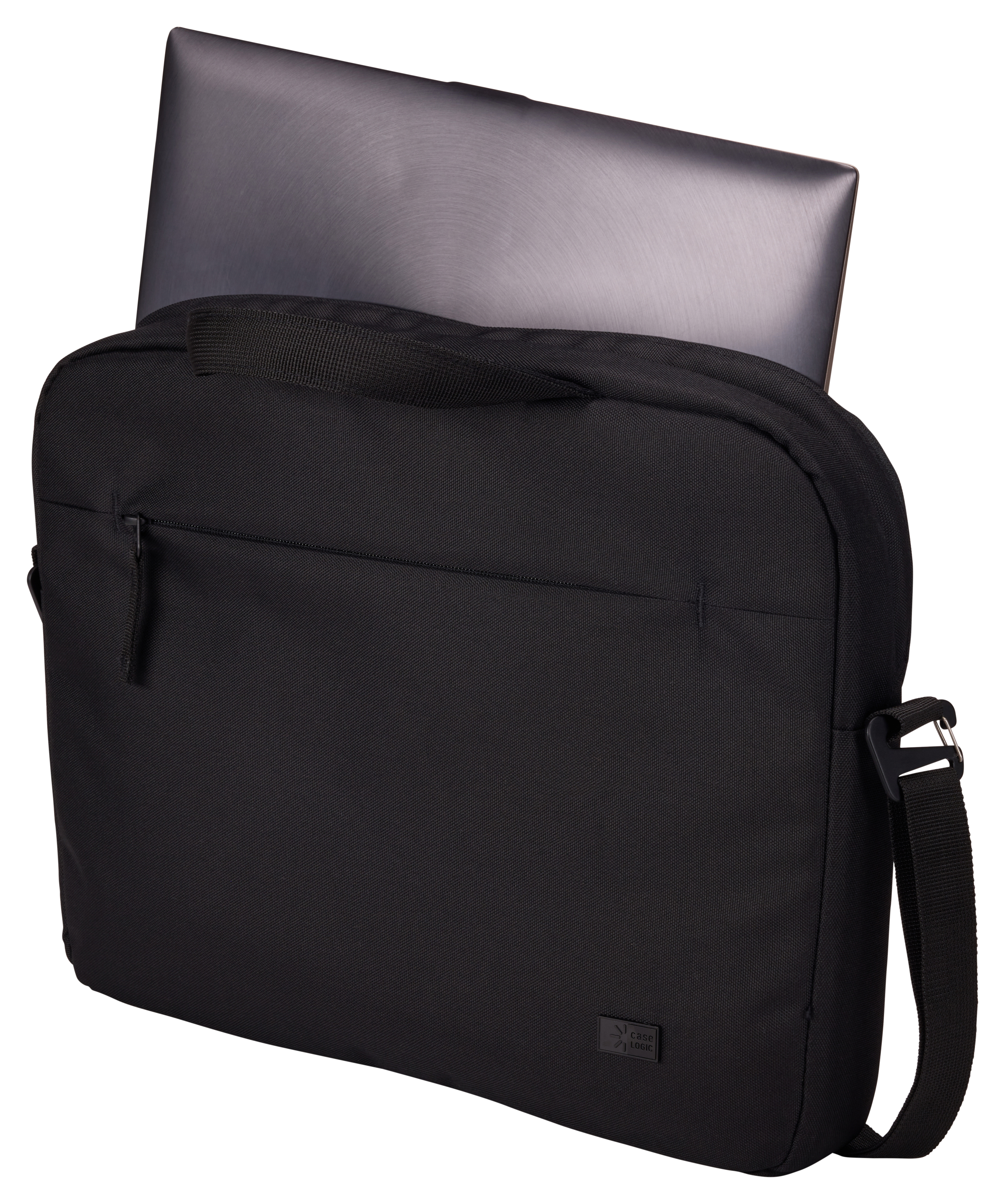Zwarte laptoptas met een laptop erin. De tas heeft een schouderriem en een voorvak.