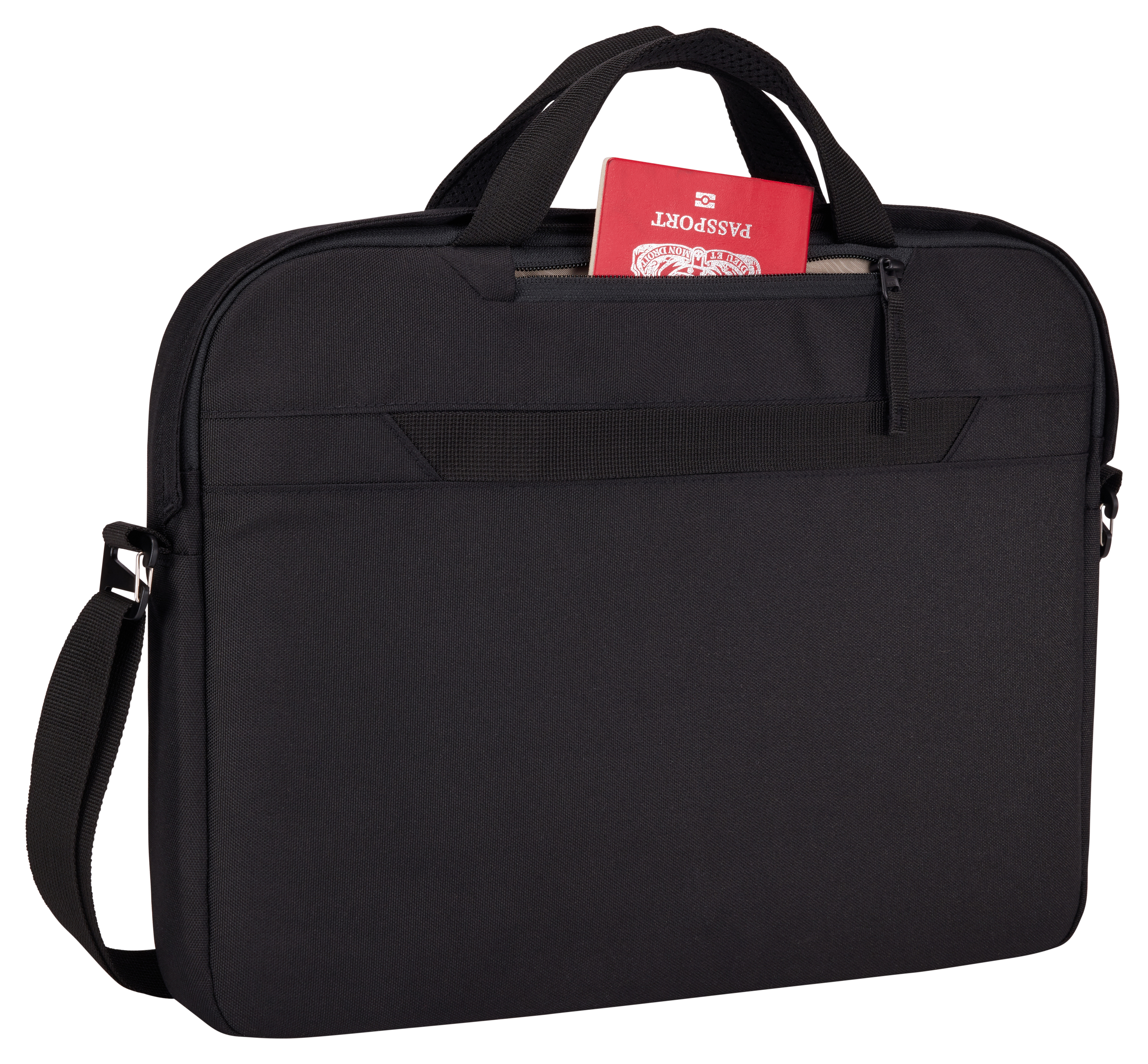 Zwarte aktetas met een rood paspoort in een zak. Het heeft een schouderriem en een handvat.