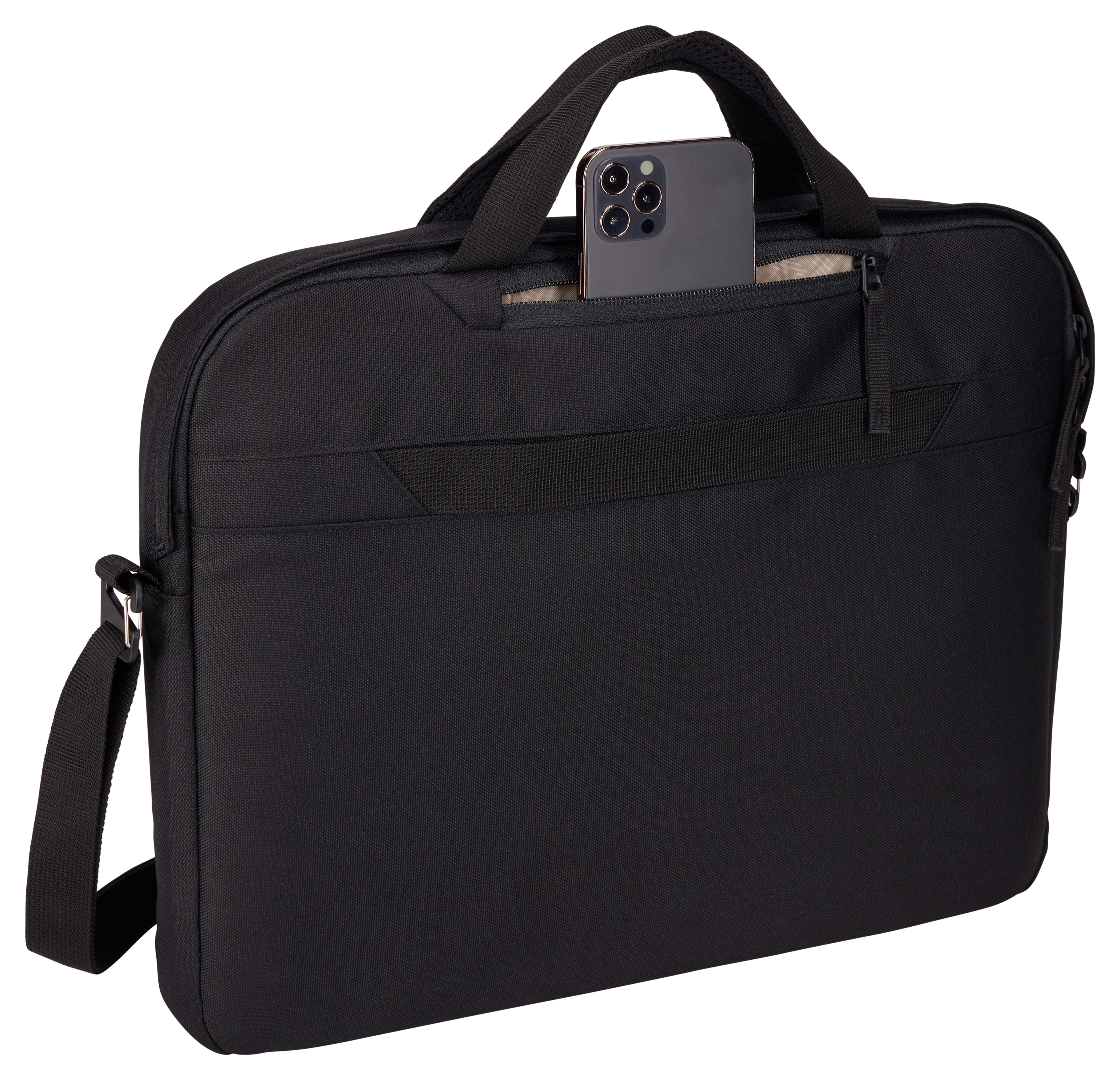 Zwarte laptoptas met telefoon in de voorzak, handvat en schouderriem.