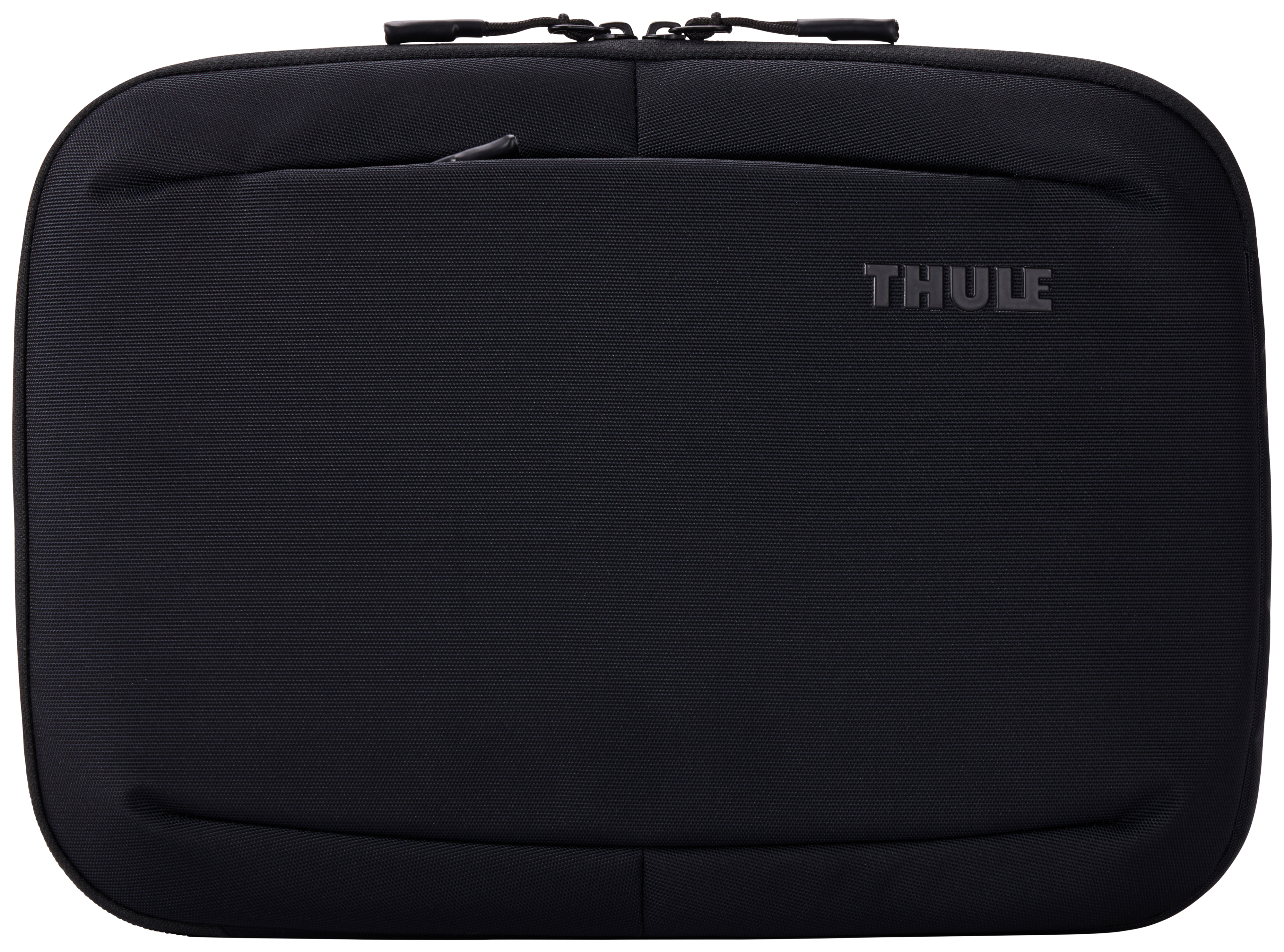 Custodia per laptop nera con logo 'THULE'. Design semplice, su sfondo bianco.