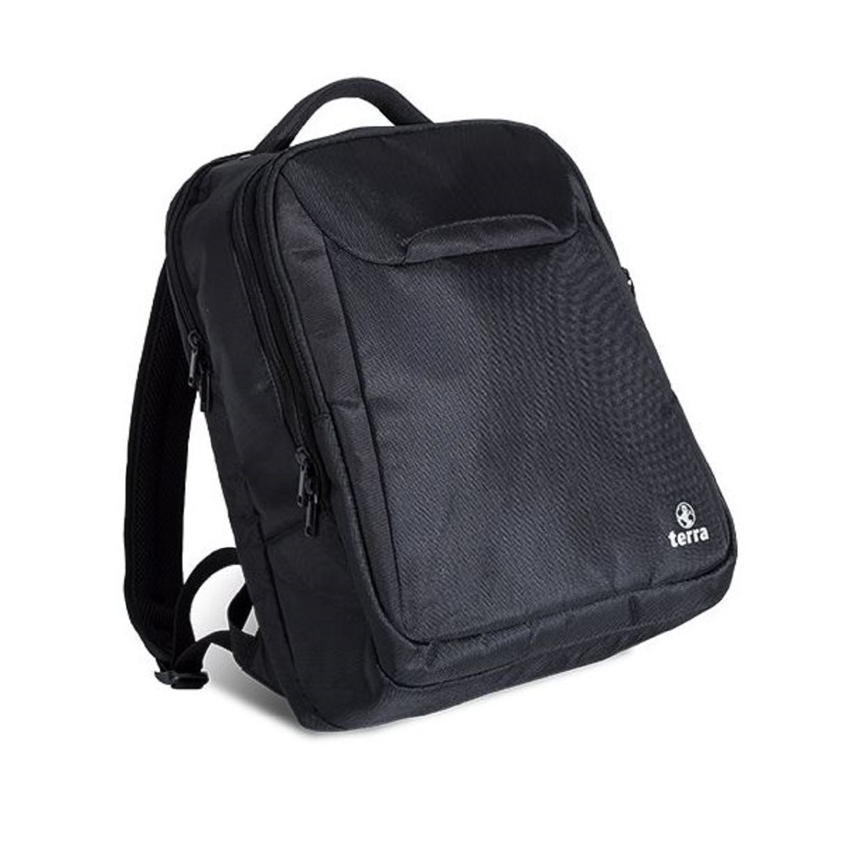 Schwarzer Terra-Rucksack mit Griff und Trägern. Weißer Hintergrund.