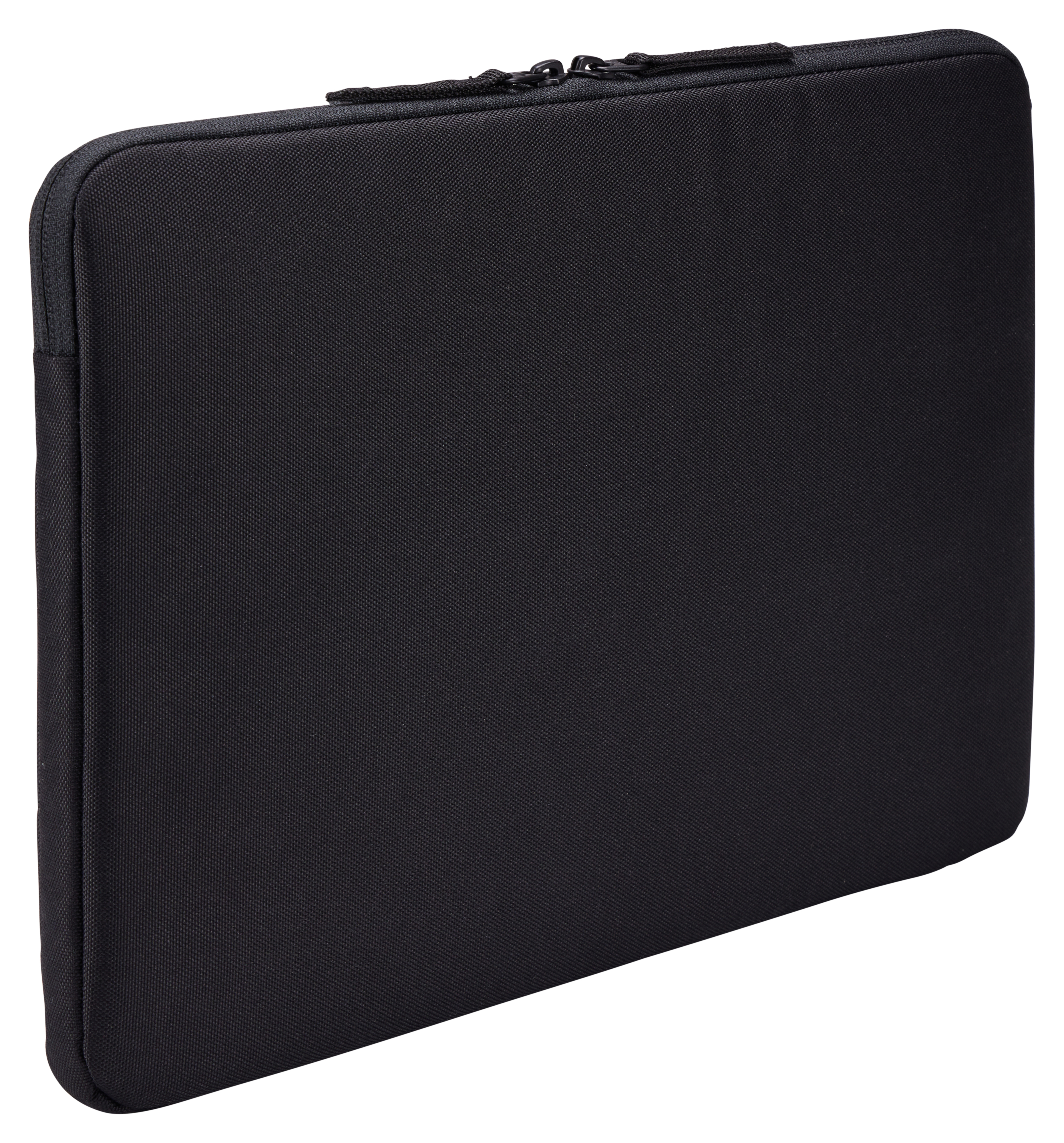 Zwarte laptoptas, ritssluiting, effen textuur. Witte achtergrond.