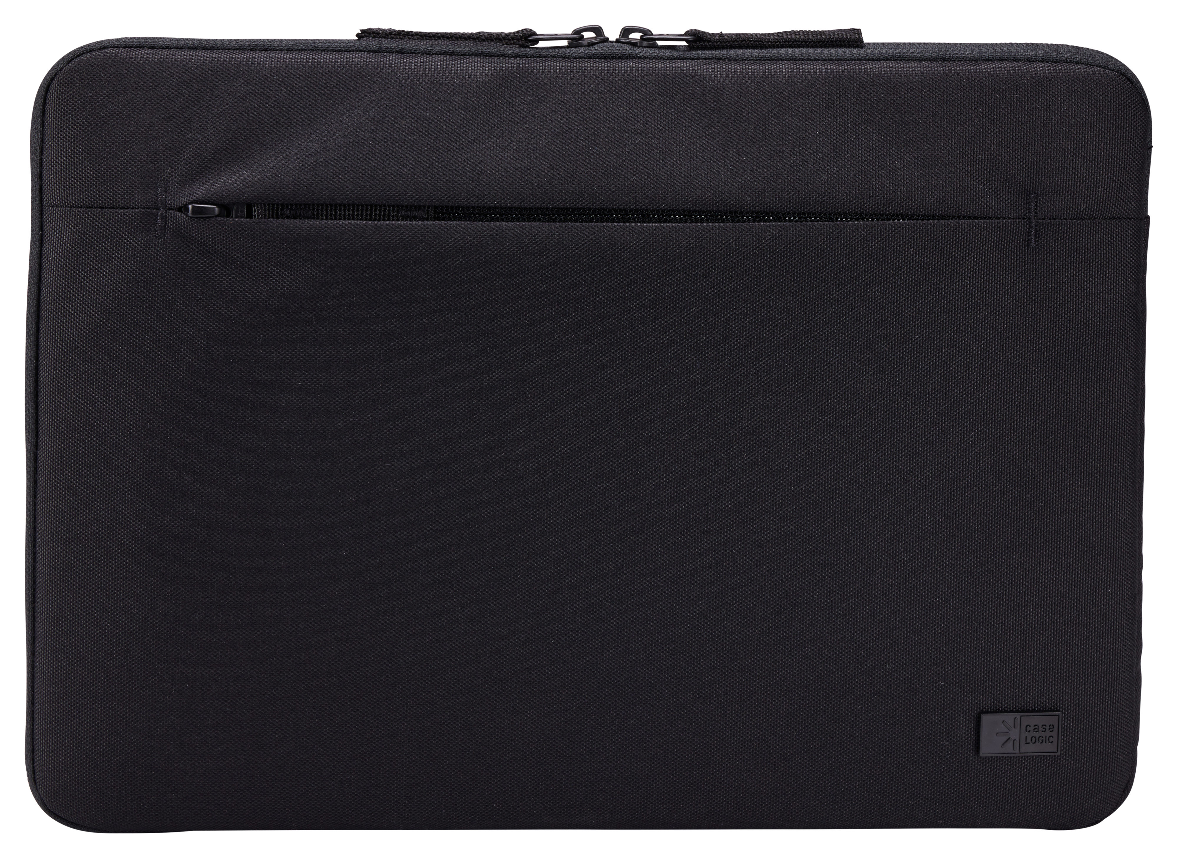 Een zwarte laptophoes met een rits. Het merklogo staat onderaan.