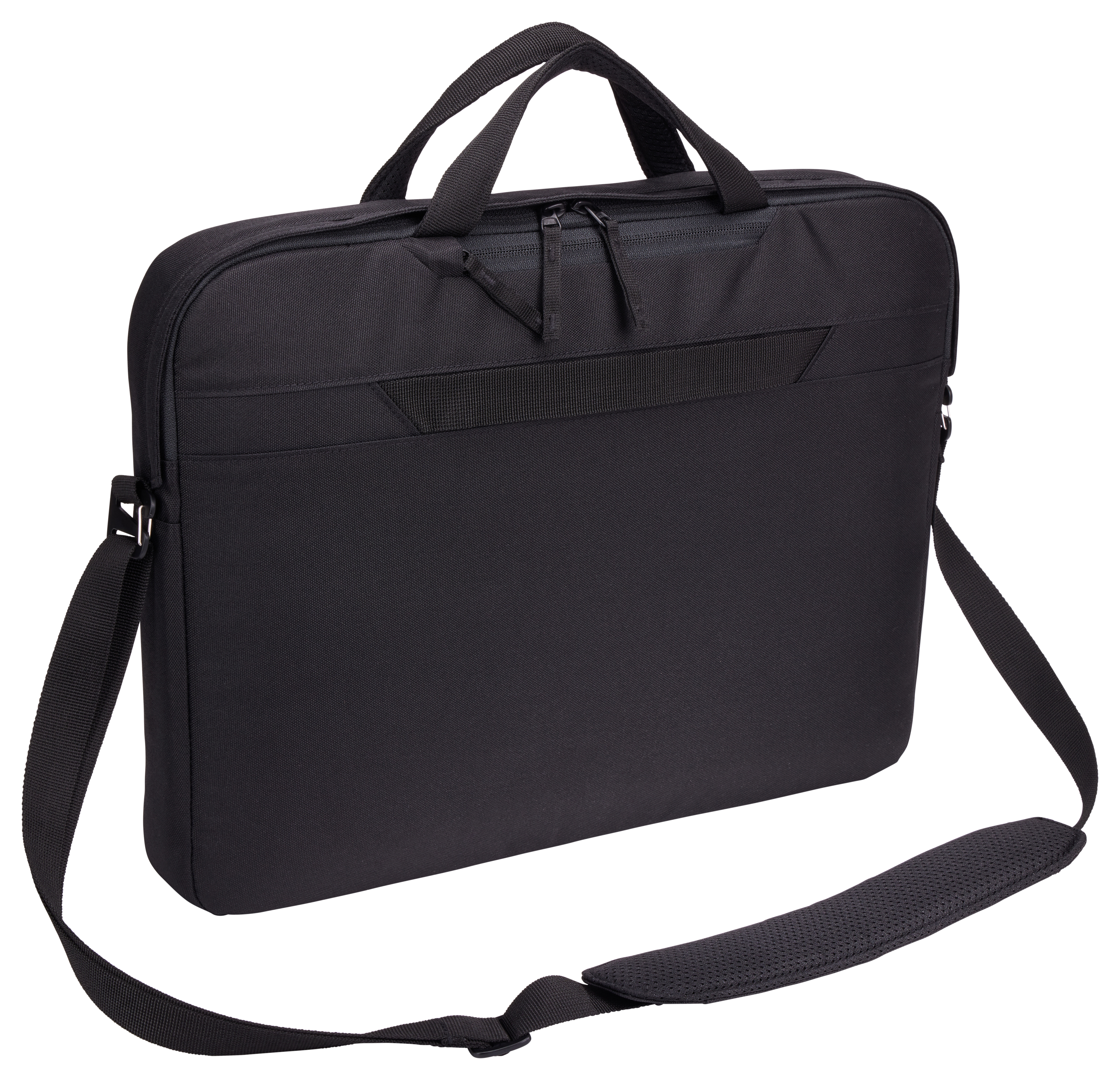 Sacoche noire pour ordinateur portable avec bandoulière et poignées. Design épuré.