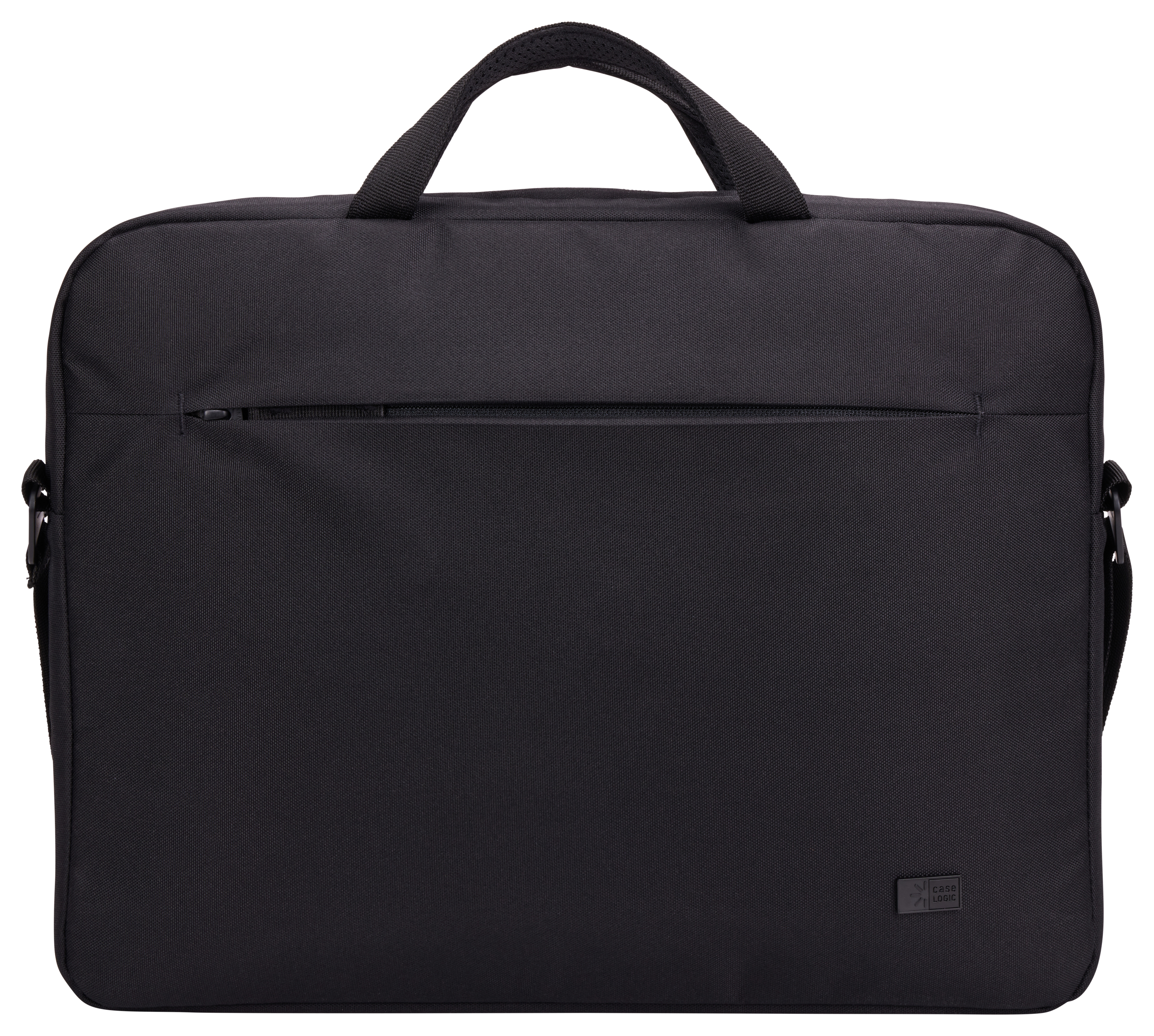 Sac d'ordinateur portable noir avec une poignée et une bandoulière. Le sac a une fermeture éclair et un petit logo.