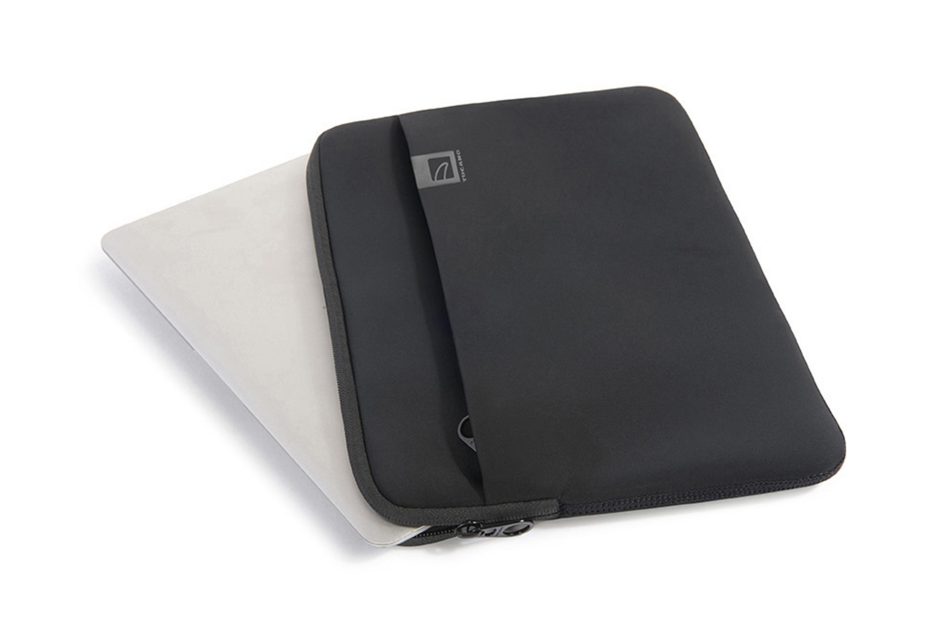 Custodia nera per laptop con cerniera e interno grigio chiaro, aperta.
