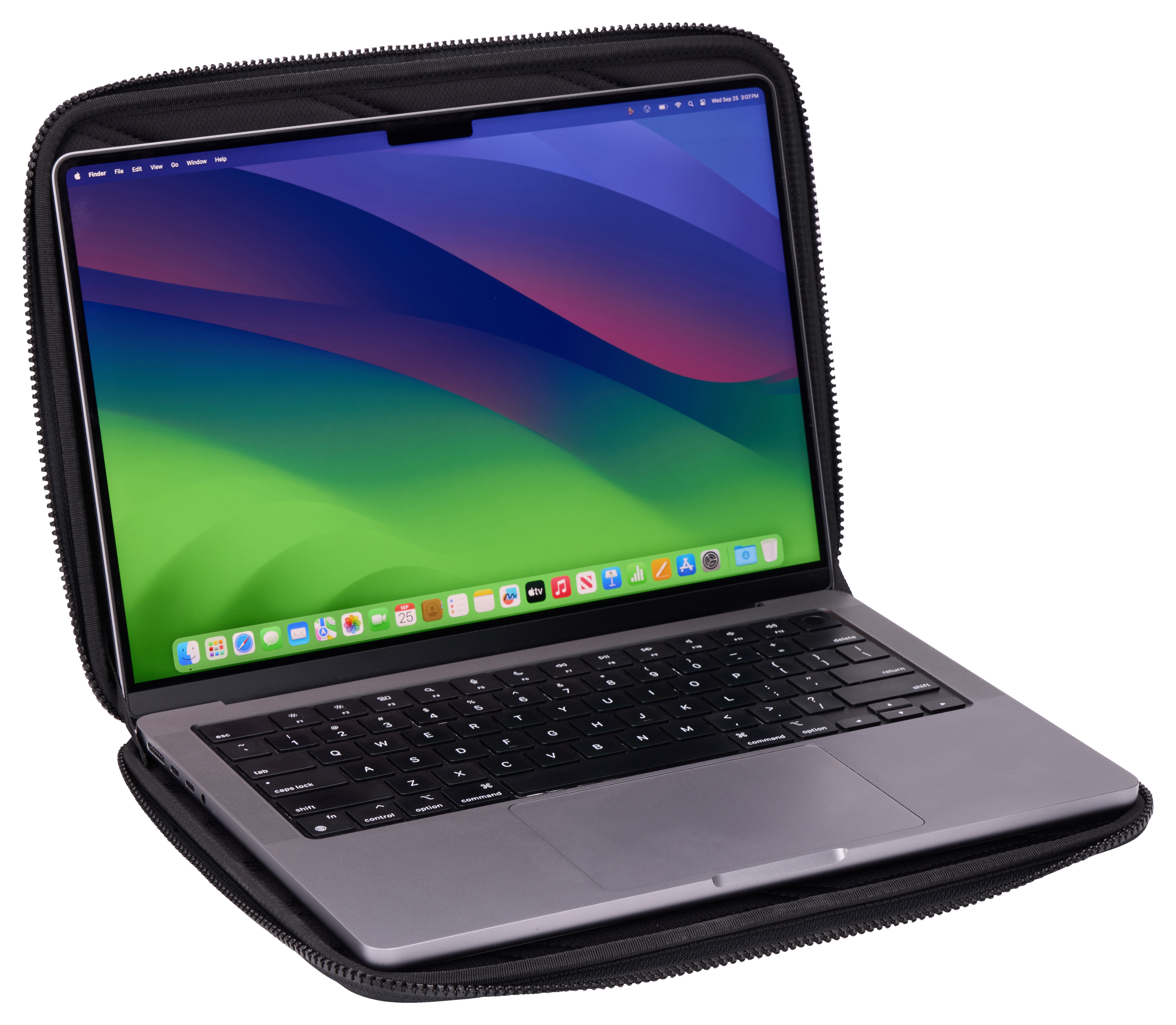Il laptop è all'interno di una custodia nera. Lo schermo del laptop è acceso, mostrando un desktop.
