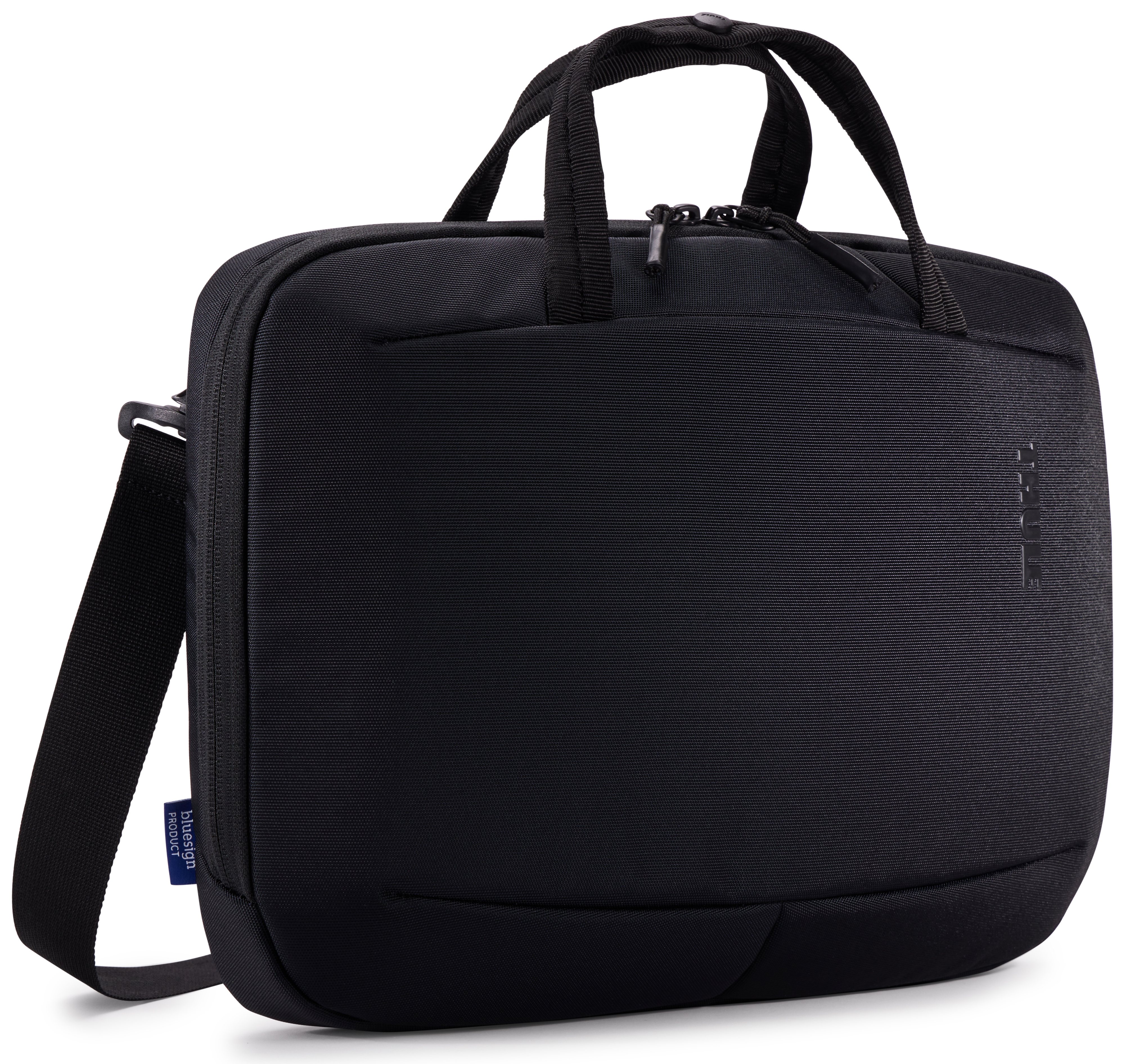 Borsa nera per laptop con manico e tracolla. Sfondo nero. Vista laterale.