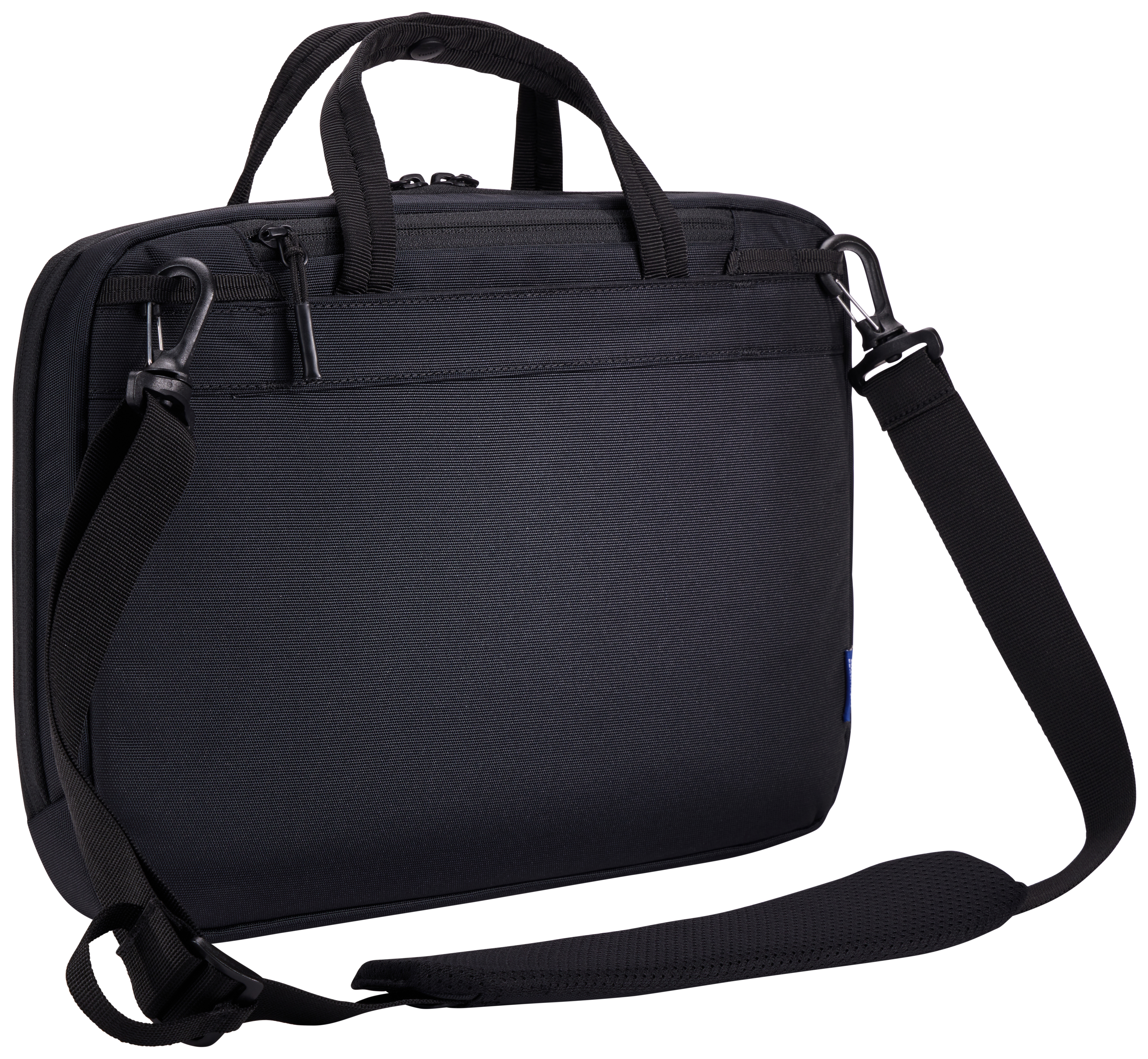 Borsa nera per laptop con tracolla e maniglia. Ha un accento blu.