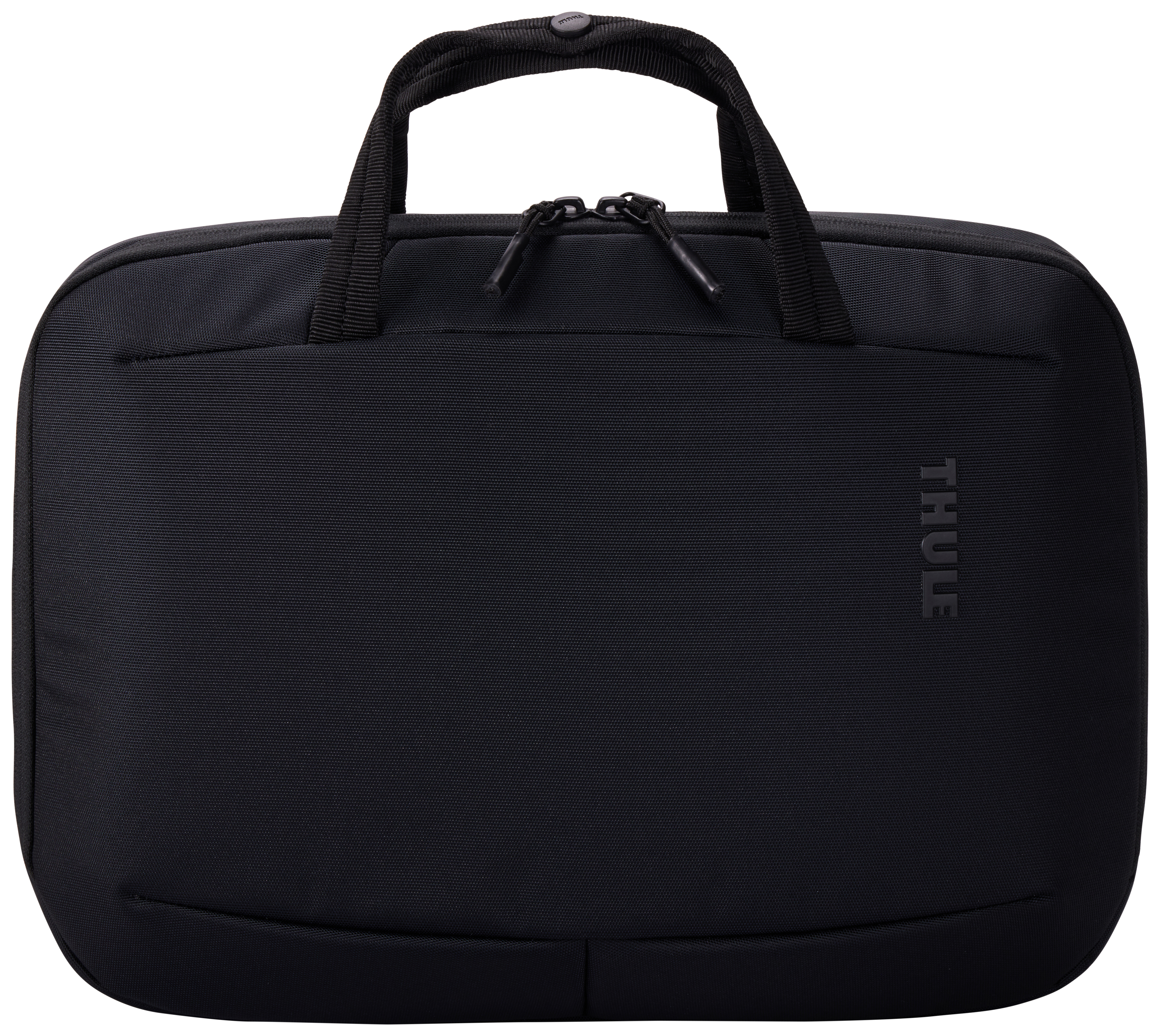 Borsa per laptop nera con manici. Il logo Thule è visibile. Sfondo bianco.