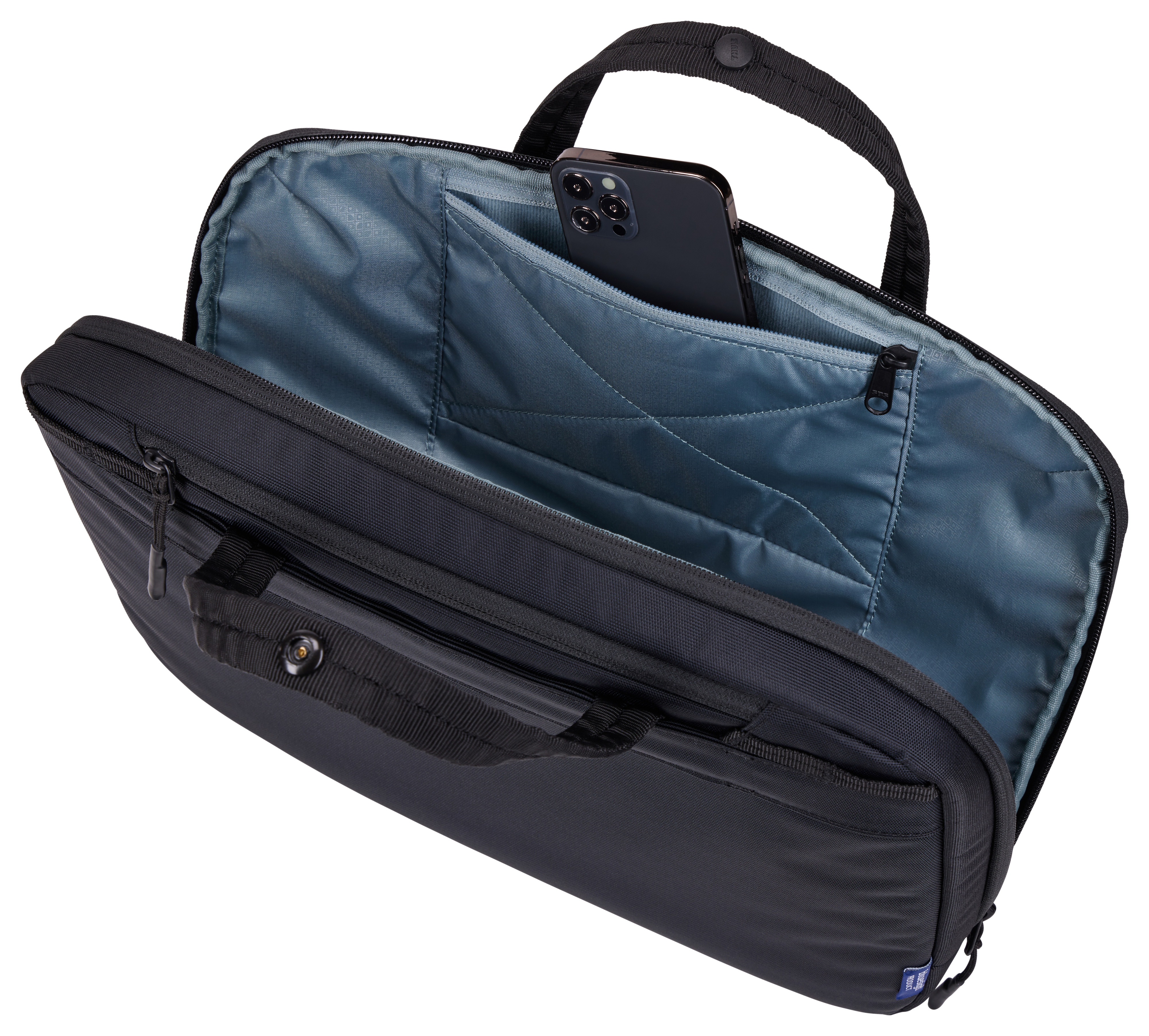 Borsa per laptop nera aperta con un telefono all'interno. La borsa ha una maniglia, una tasca e una chiusura a cerniera.