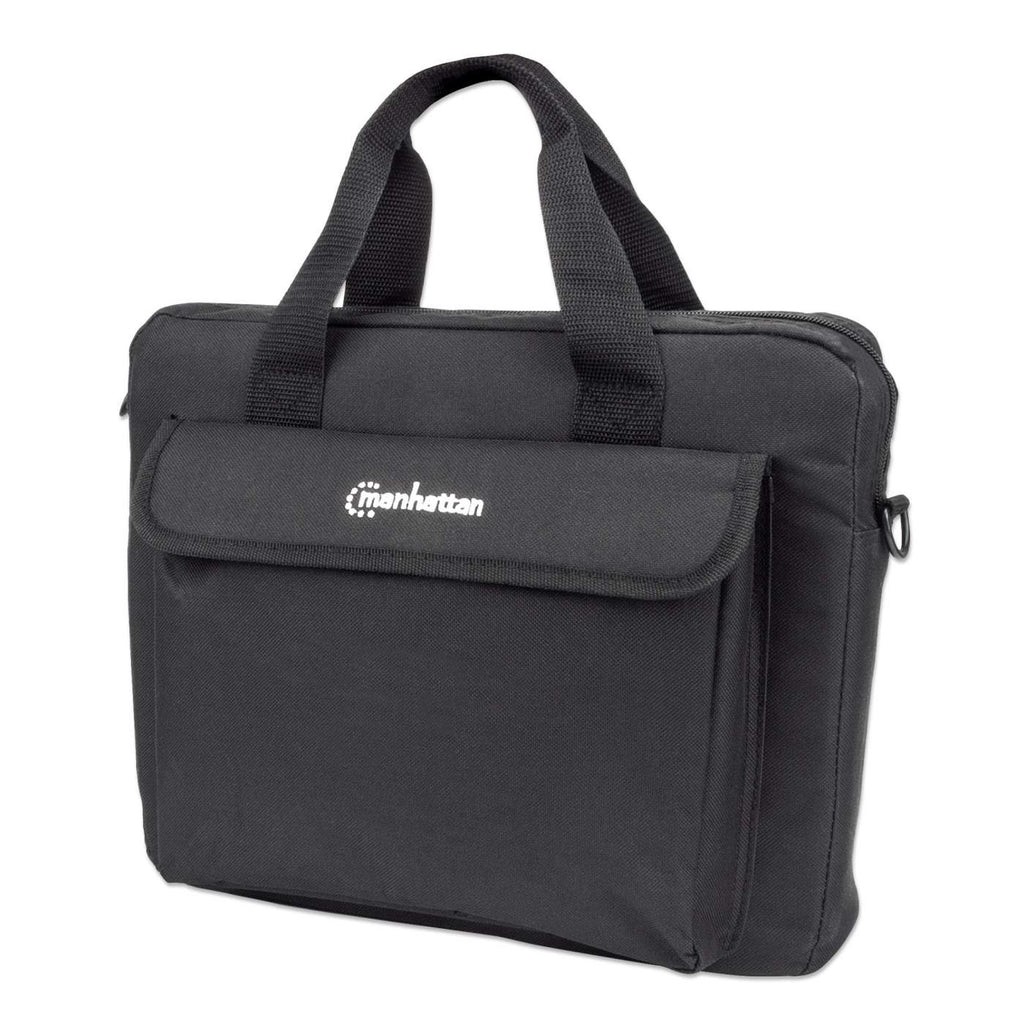 Borsa per laptop nera con manico, tasca frontale e logo. Sfondo bianco.