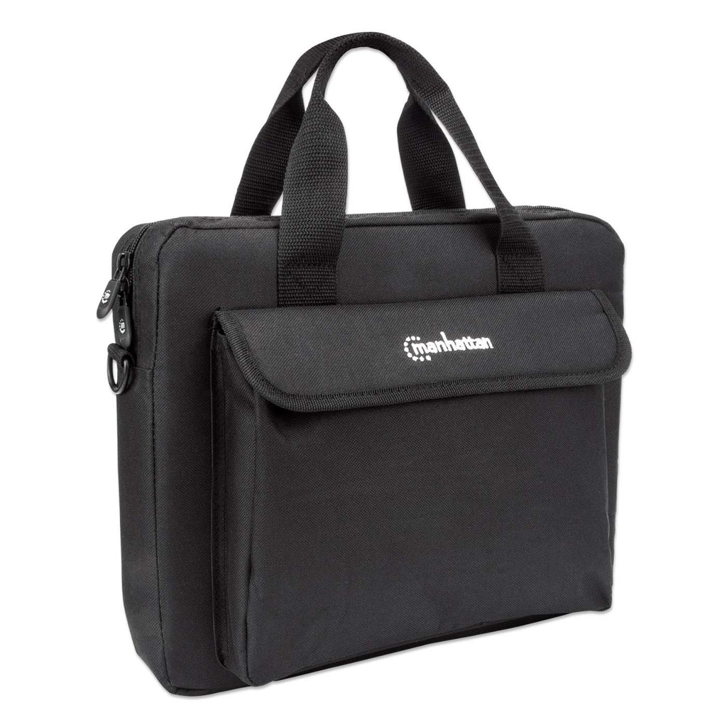 Borsa nera per laptop, tasca frontale, maniglia superiore, logo del marchio. Sfondo bianco.
