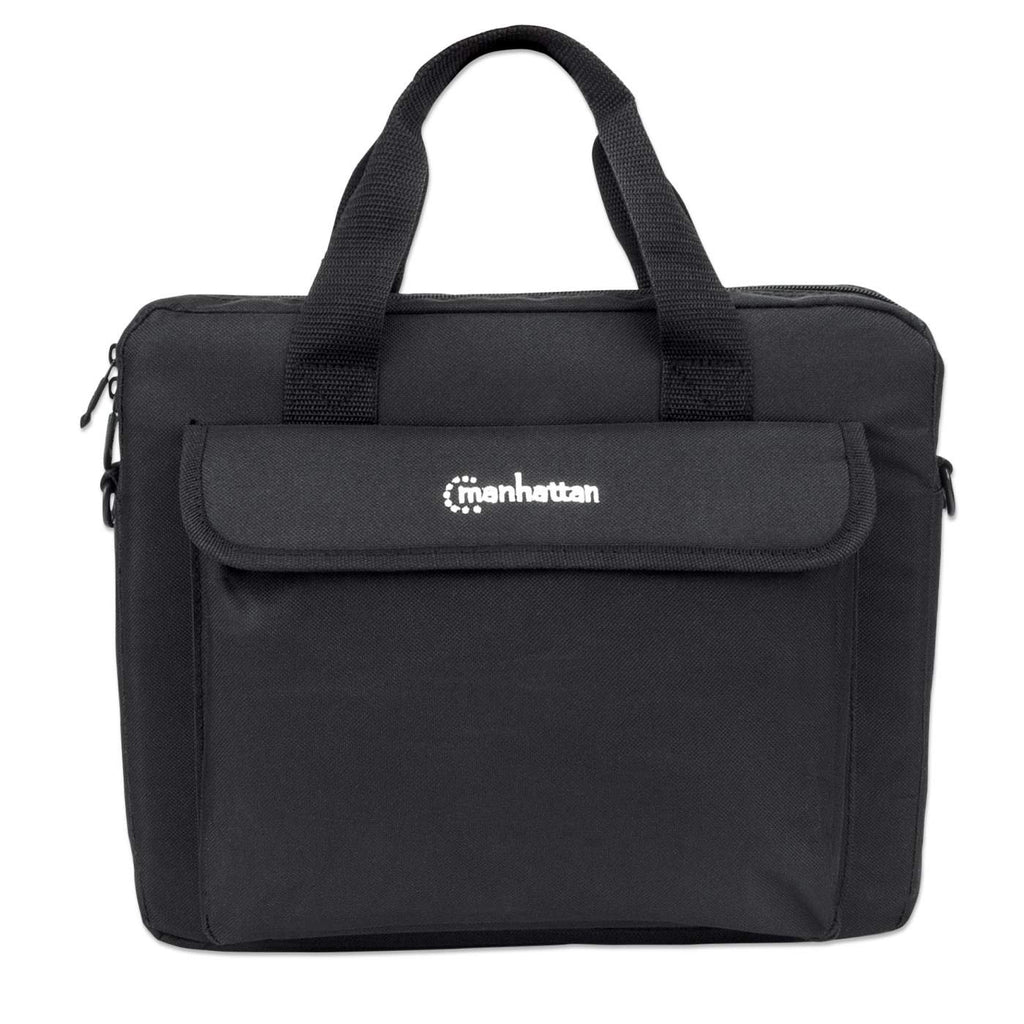 Borsa nera per laptop con maniglia e una tasca frontale con il logo 'manhattan'.