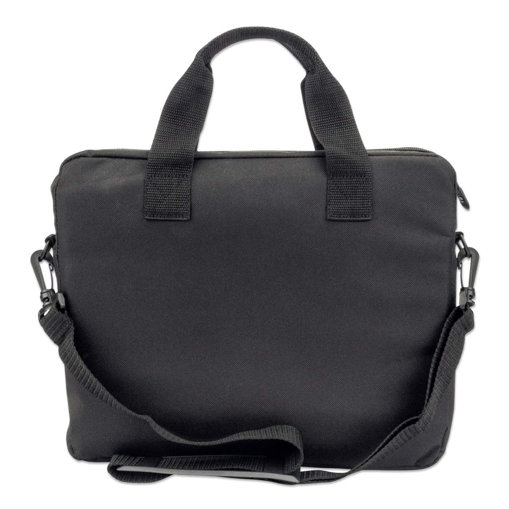 Una borsa nera per laptop con manici e tracolla, su sfondo bianco.
