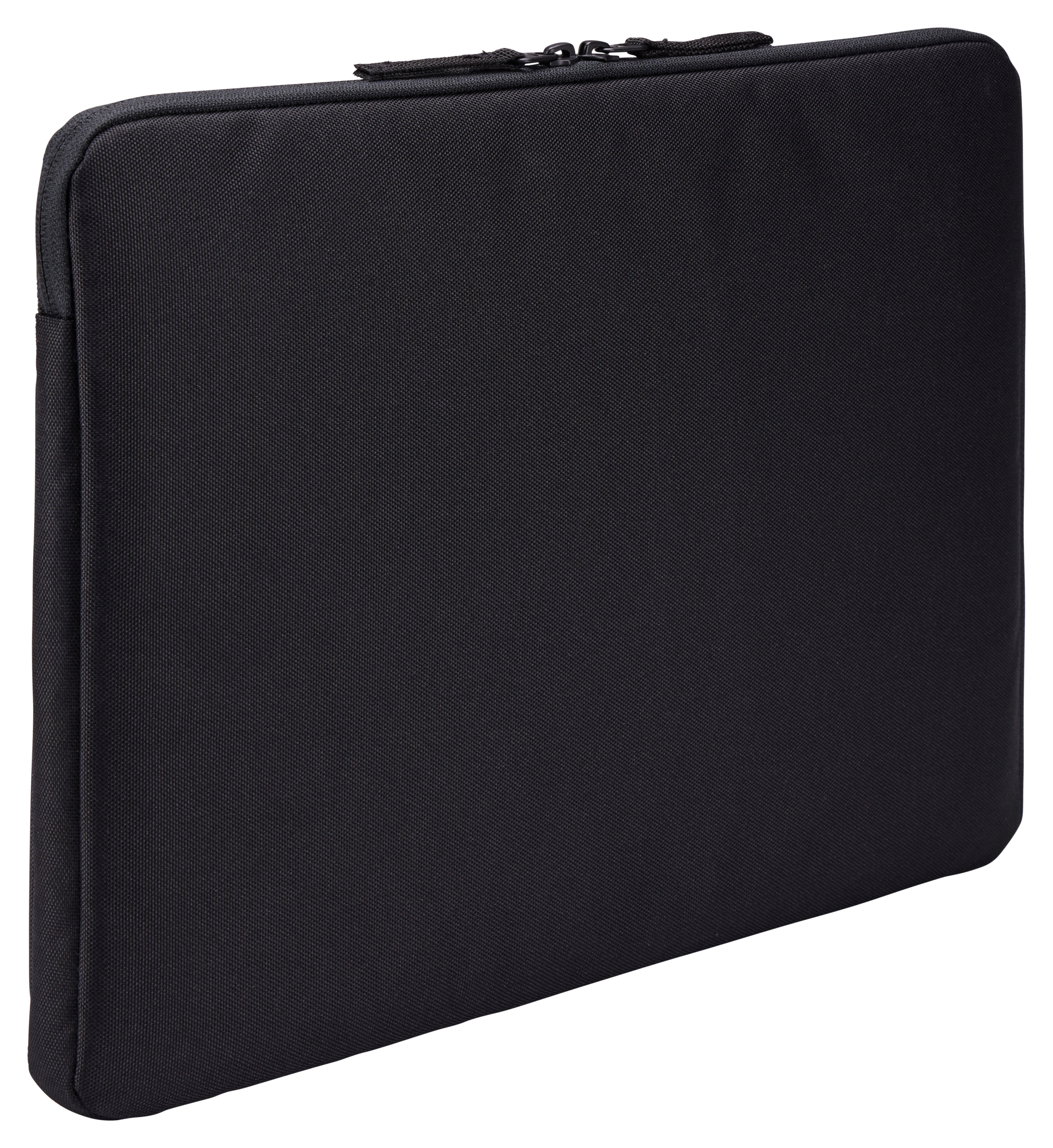Black laptop sleeve. Black zipper. Angled view. White background. Simple and clean.