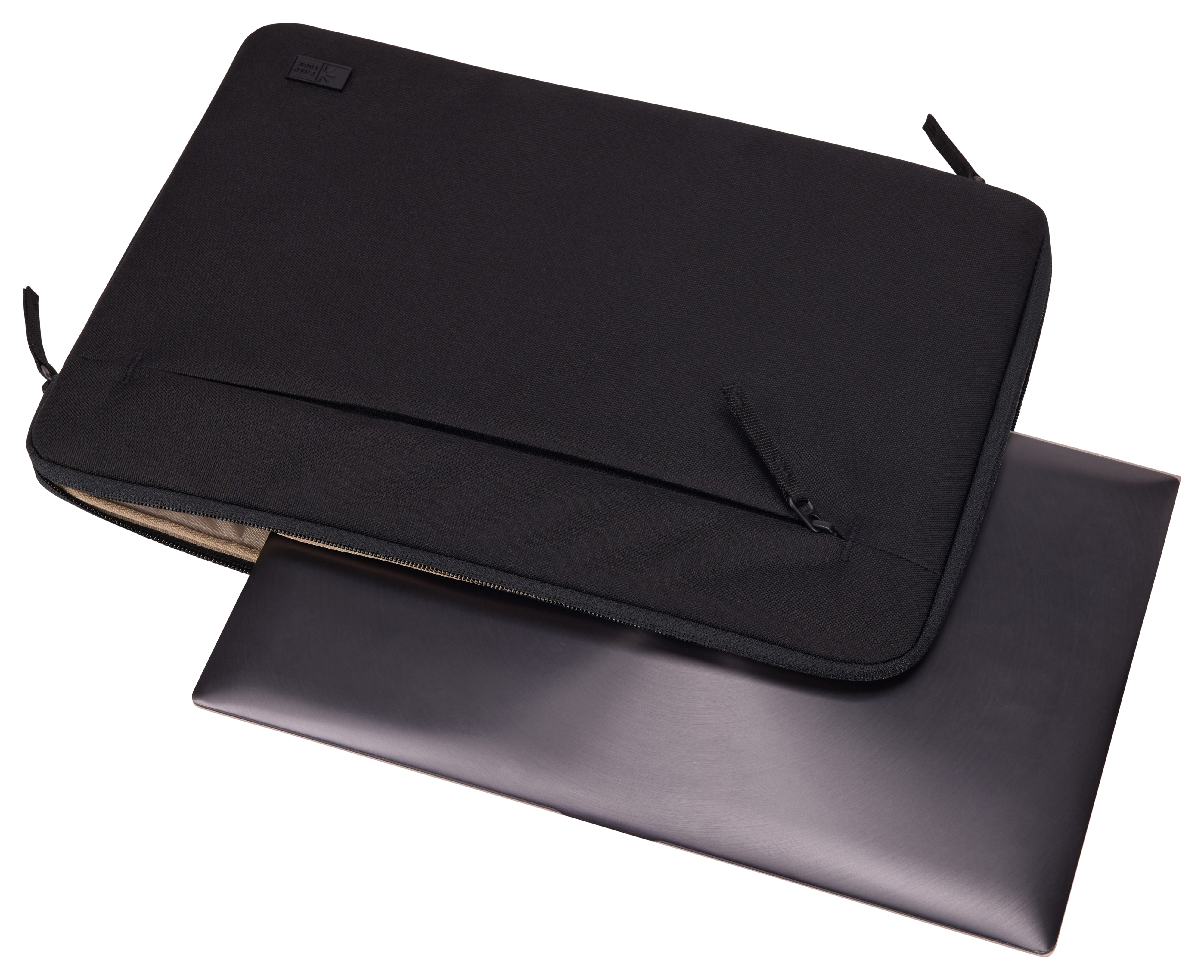 A black laptop case with a zipper and a laptop inside.
