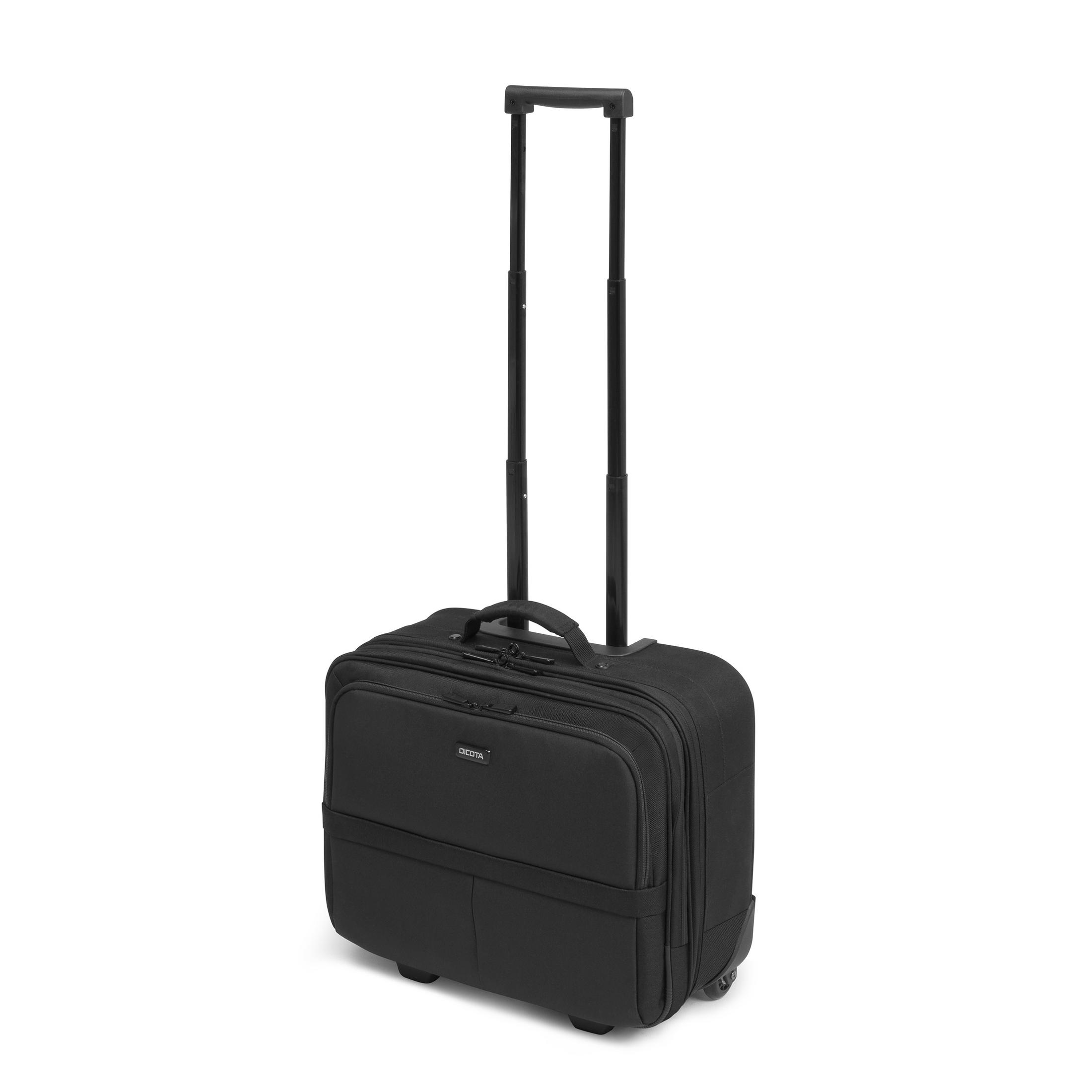 Valigia nera per laptop con maniglia estesa e manico nero.