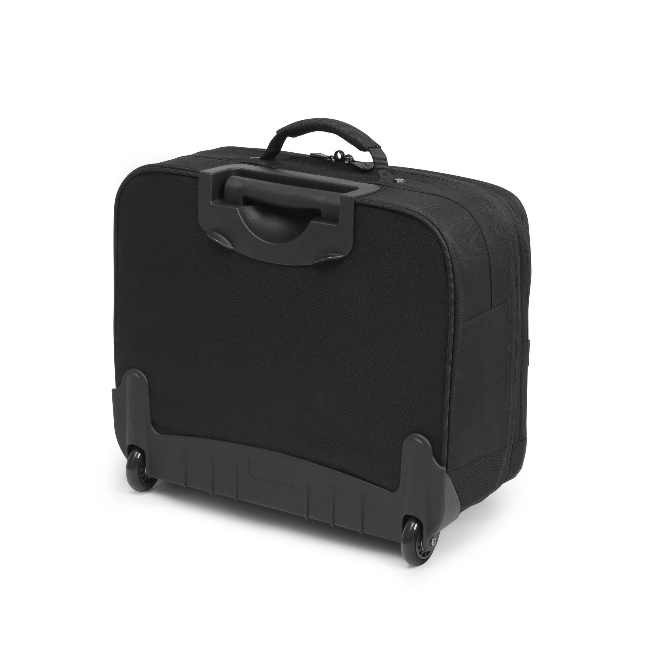 Borsa nera per laptop con manico e ruote. La borsa è chiusa e su sfondo bianco.
