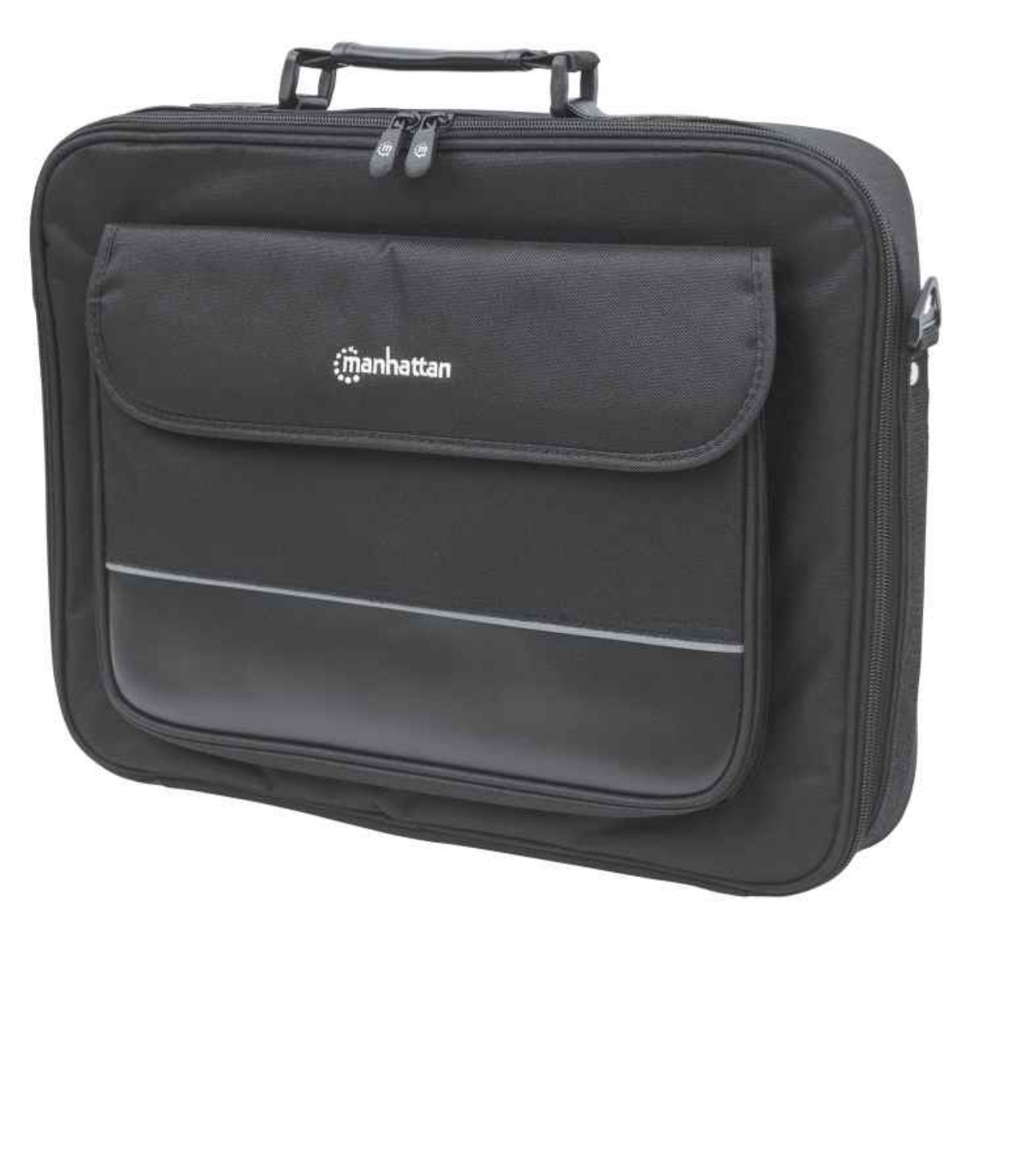Borsa nera per laptop con tasca frontale. Sfondo bianco. Logo del marchio Manhattan.