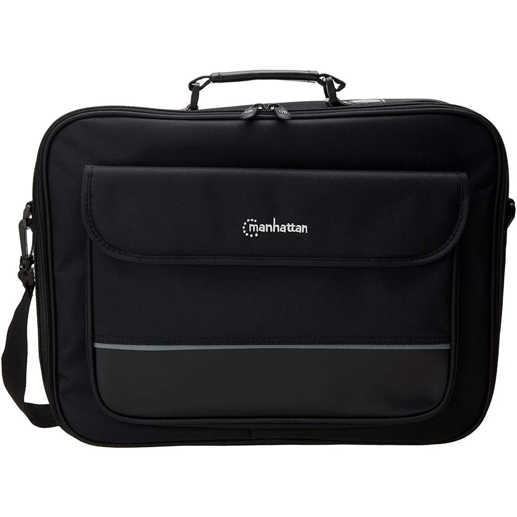 Borsa nera per laptop con manico, tracolla e tasca frontale. Logo Manhattan visibile.