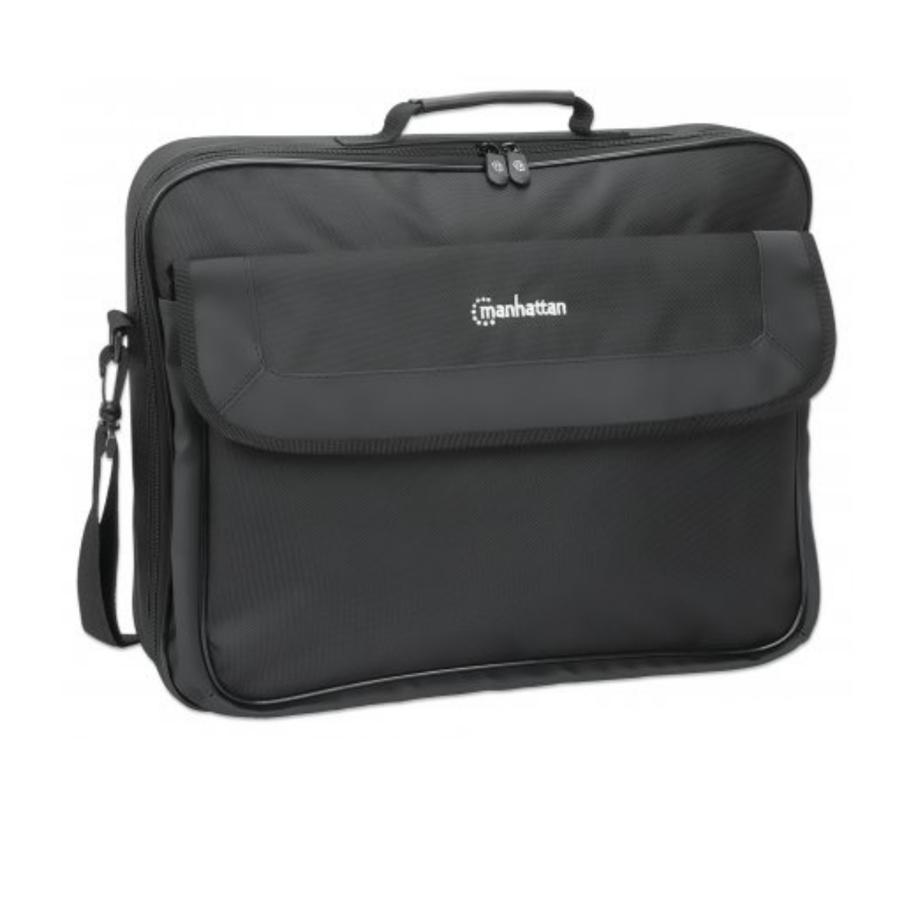 Borsa nera per laptop con manico, tracolla e tasca frontale. Logo Manhattan visibile.