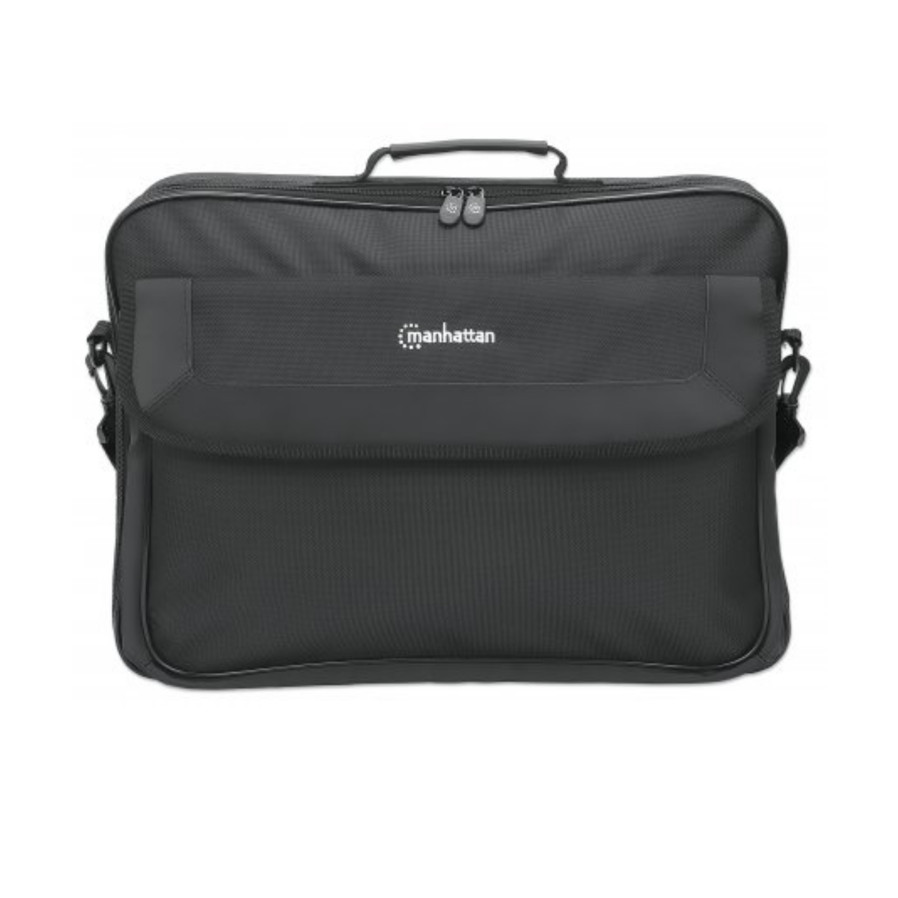 Borsa nera per laptop con manico e tracolla. La borsa ha un logo manhattan.