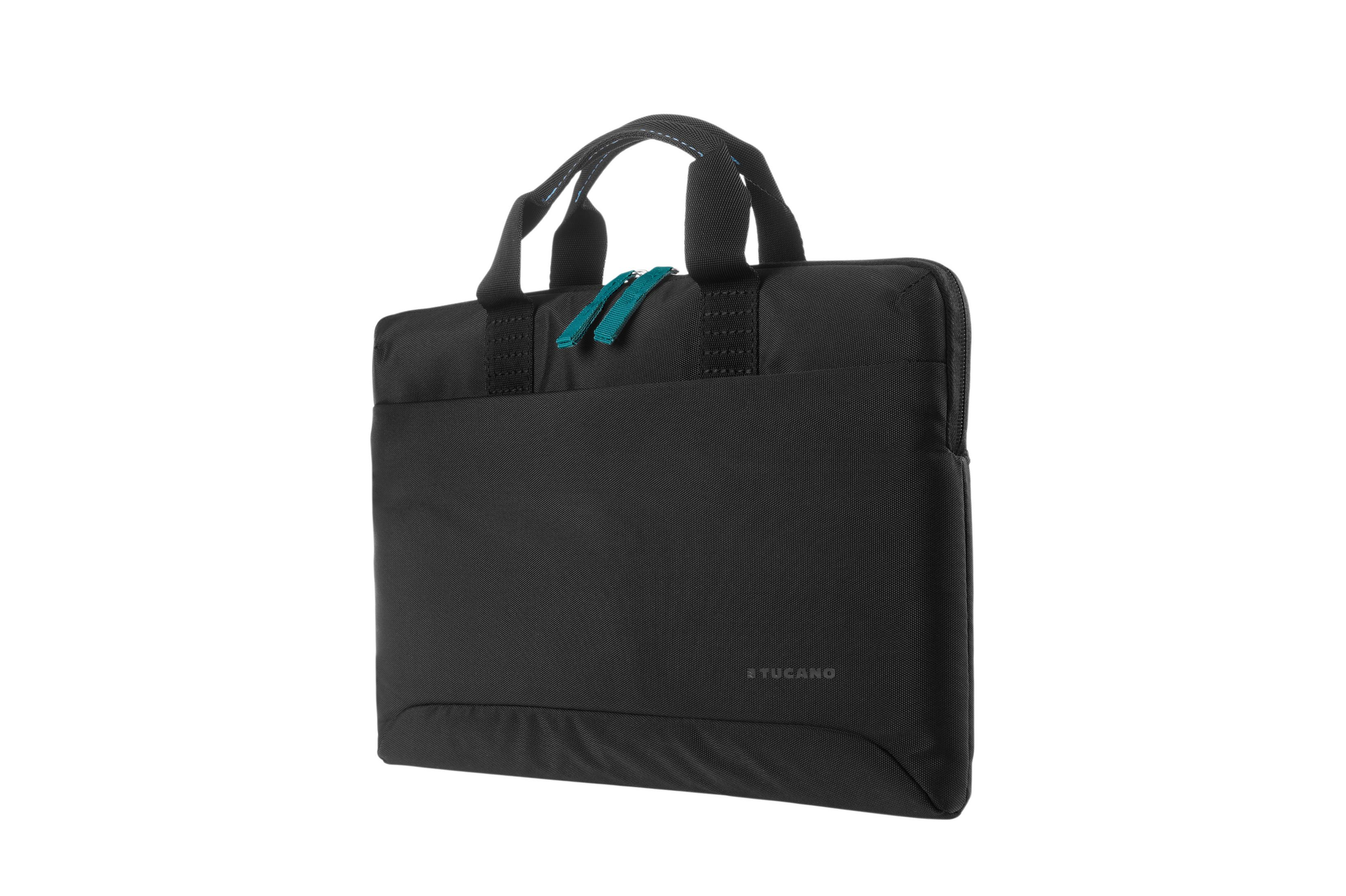 Sac pour ordinateur portable noir avec des fermetures éclair et des poignées sarcelle, isolé sur fond blanc.