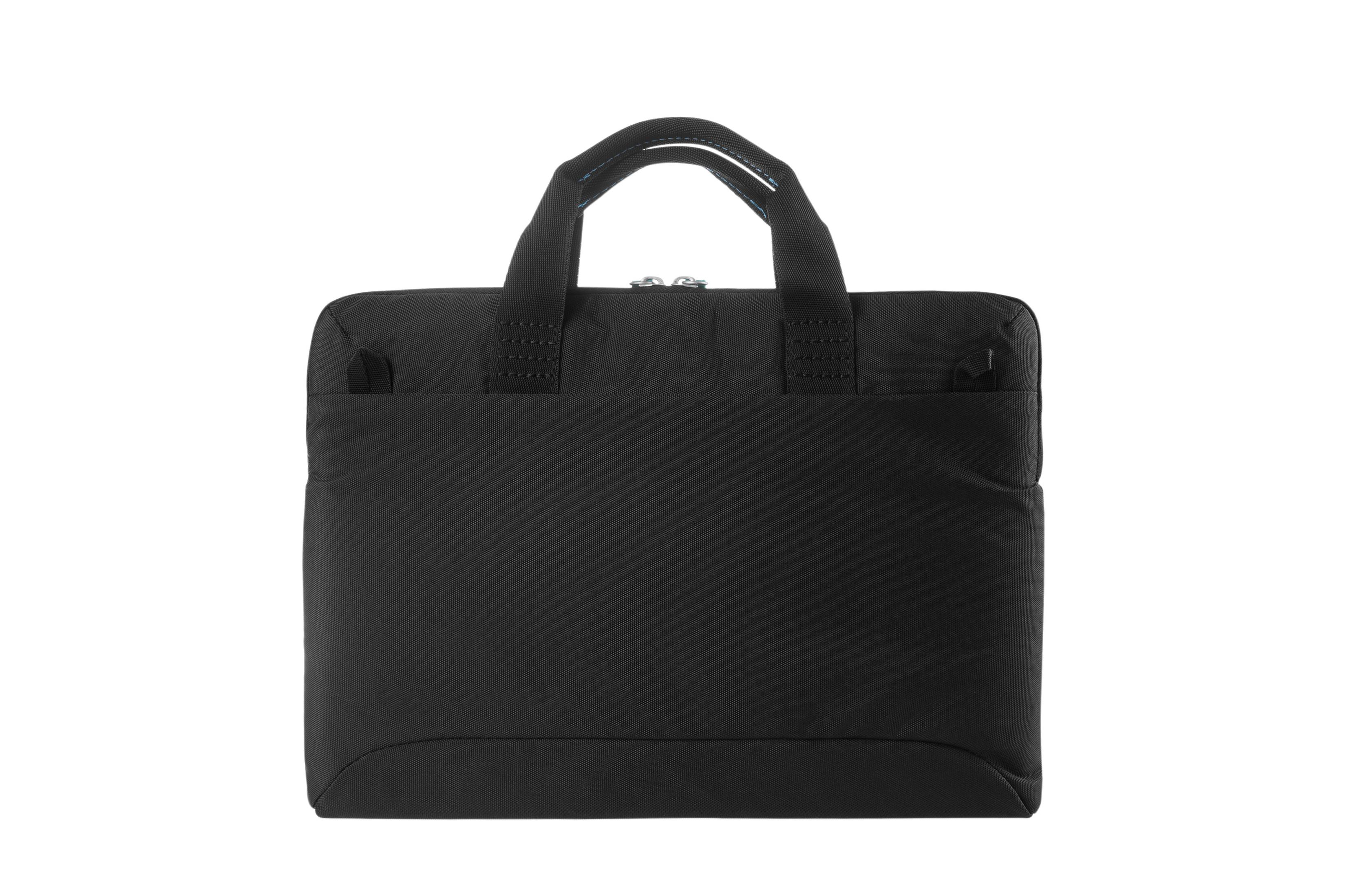Sacoche d'ordinateur portable noire avec poignée. Le sac est fermé par une fermeture éclair, fond blanc.