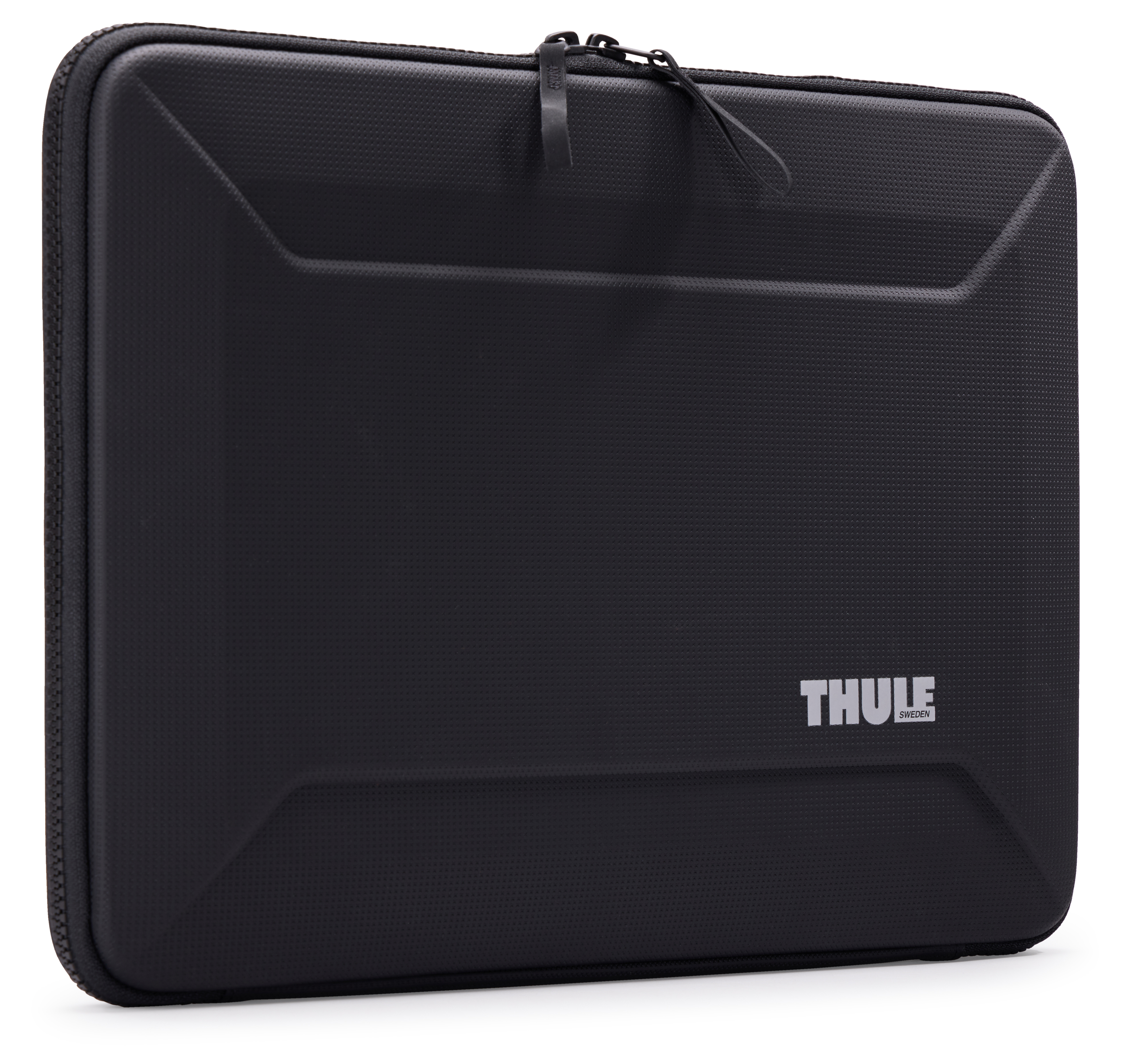 Custodia nera per laptop con il marchio 'THULE' sul davanti. Sfondo bianco.