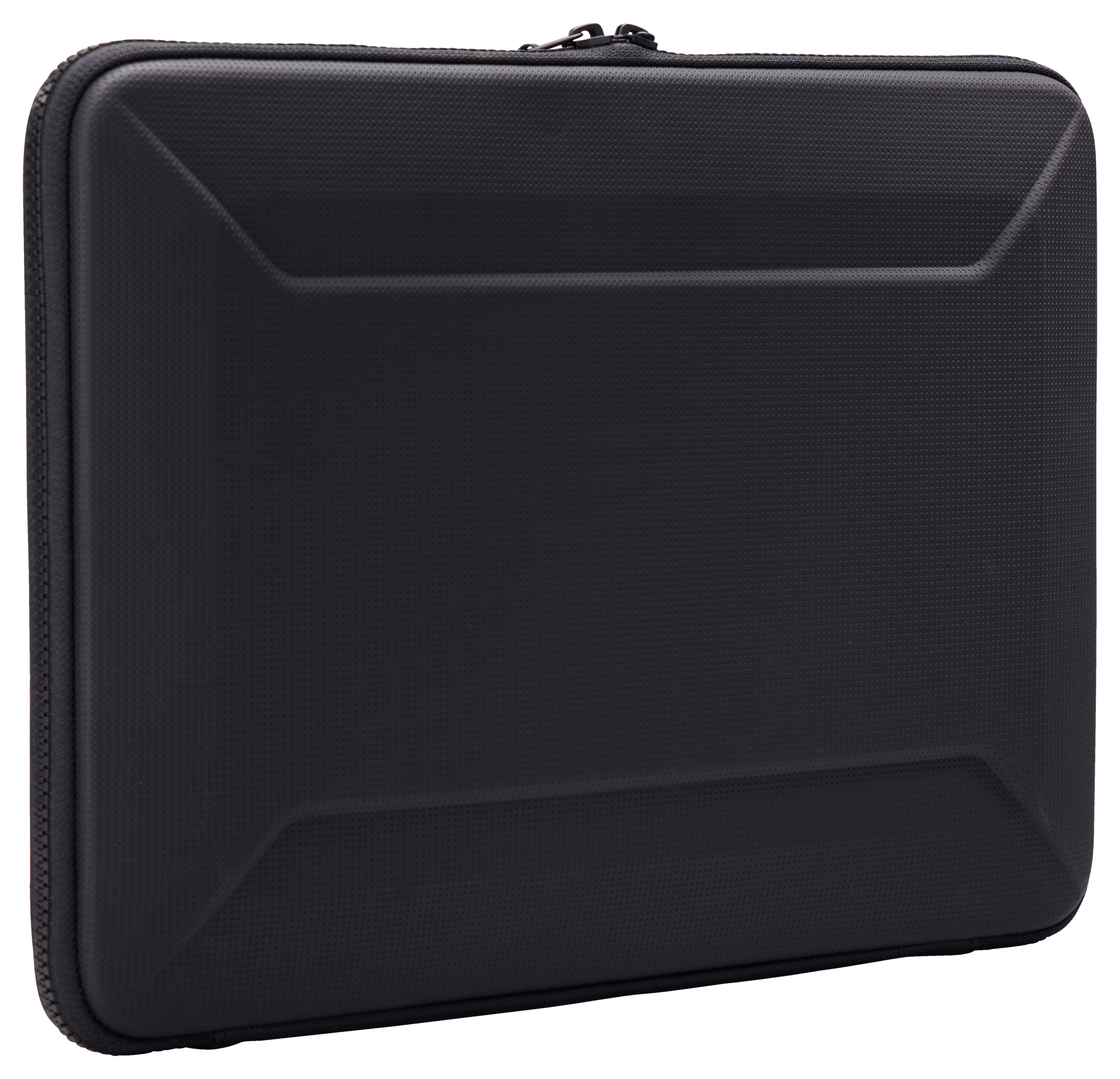 Una custodia rigida nera per laptop. Ha una superficie strutturata ed è chiusa.