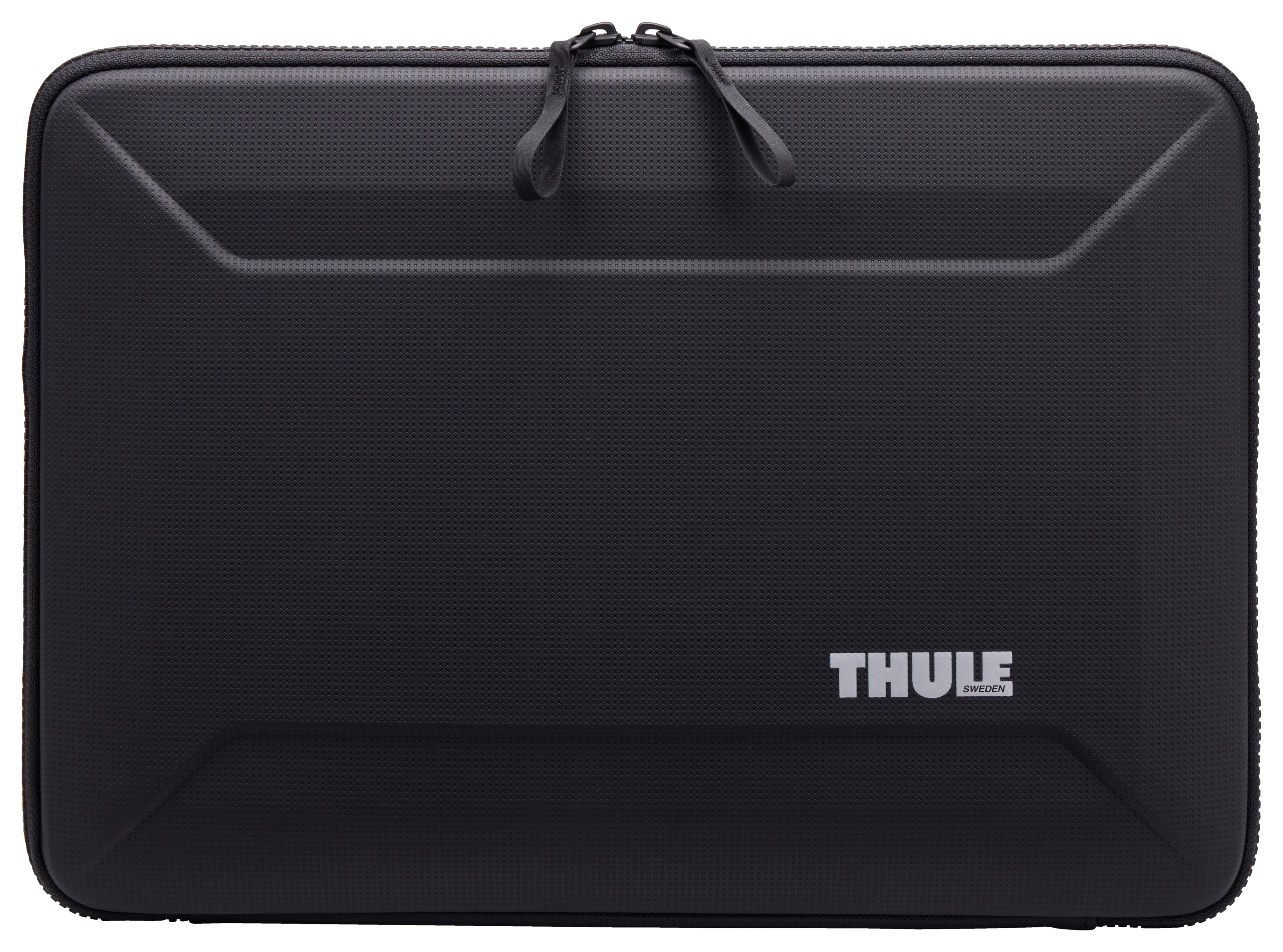 Custodia nera per laptop con cerniera e logo Thule. Superficie dura e strutturata.
