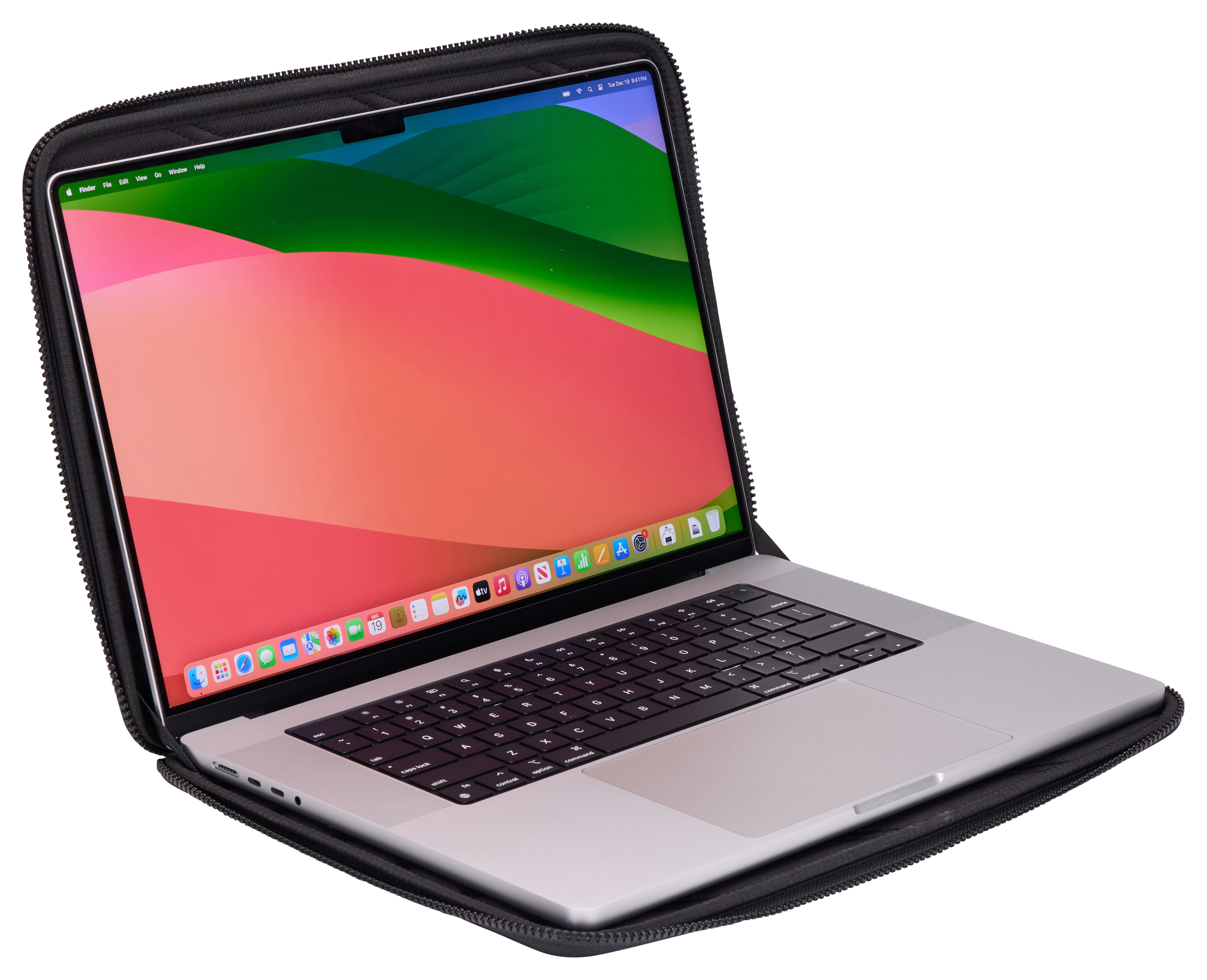Laptop in custodia nera. Lo schermo mostra un'immagine colorata. Cerniera visibile.
