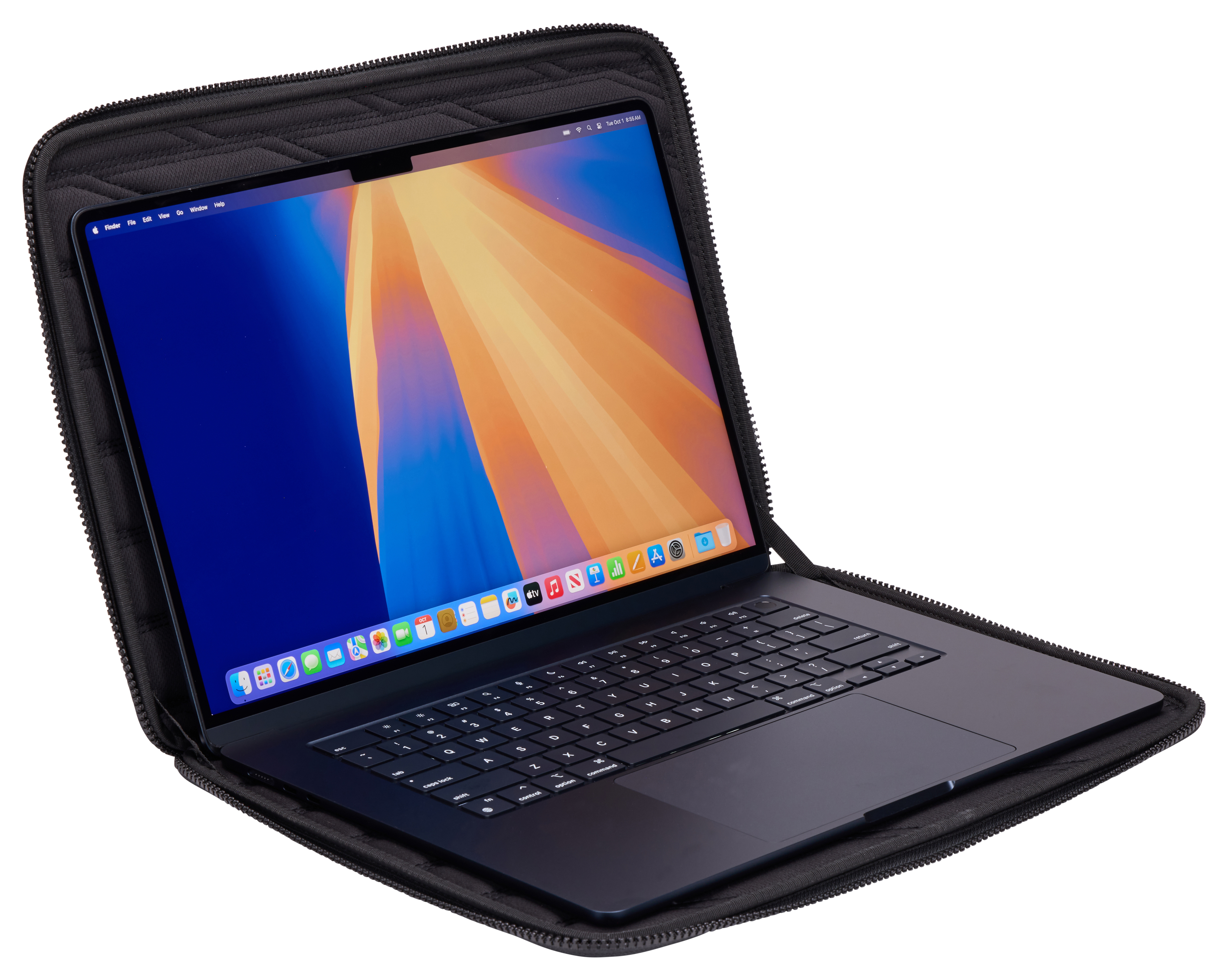 Laptop all'interno di una custodia nera. Schermo visibile che mostra il desktop. La custodia è aperta.