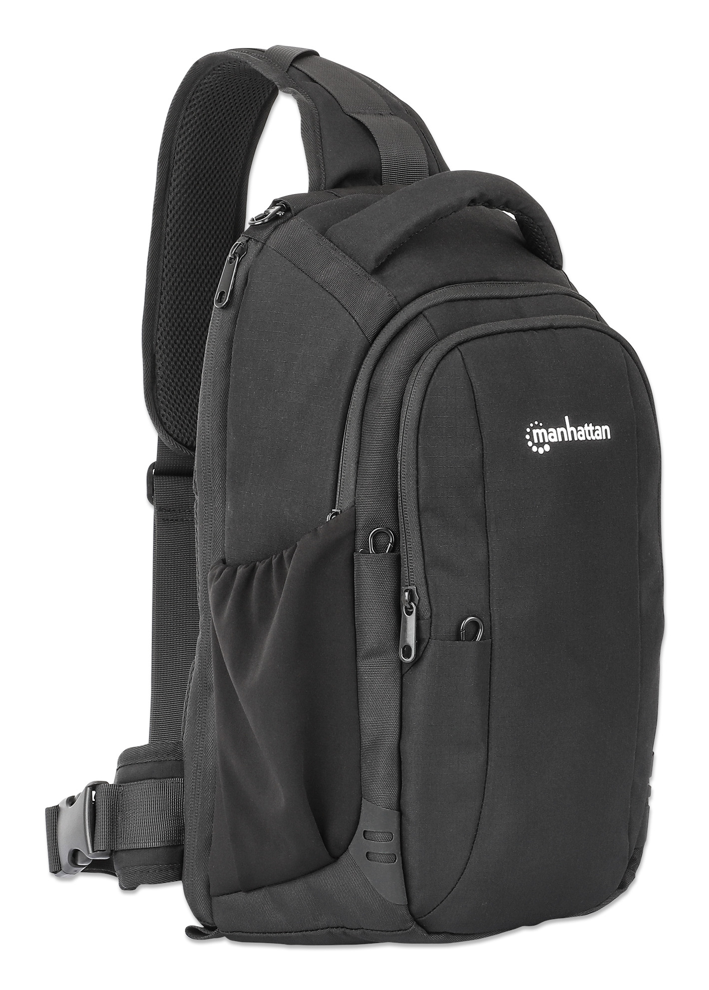 Borsa a tracolla nera Manhattan. Ha una tracolla, una maniglia superiore e più tasche.