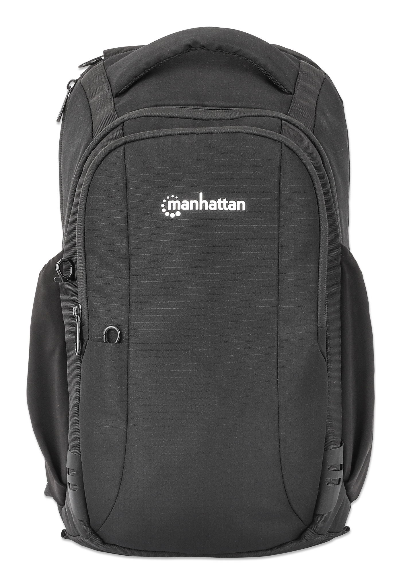 Zaino nero con logo 'manhattan'. Tasche frontali e laterali. Sfondo bianco.