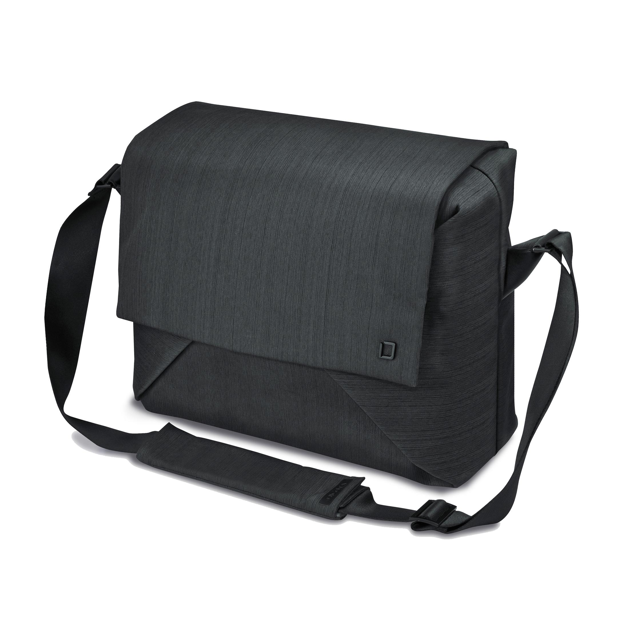 Borsa a tracolla grigio scuro con chiusura a patta, tracolla e tessuto strutturato. Sfondo bianco.