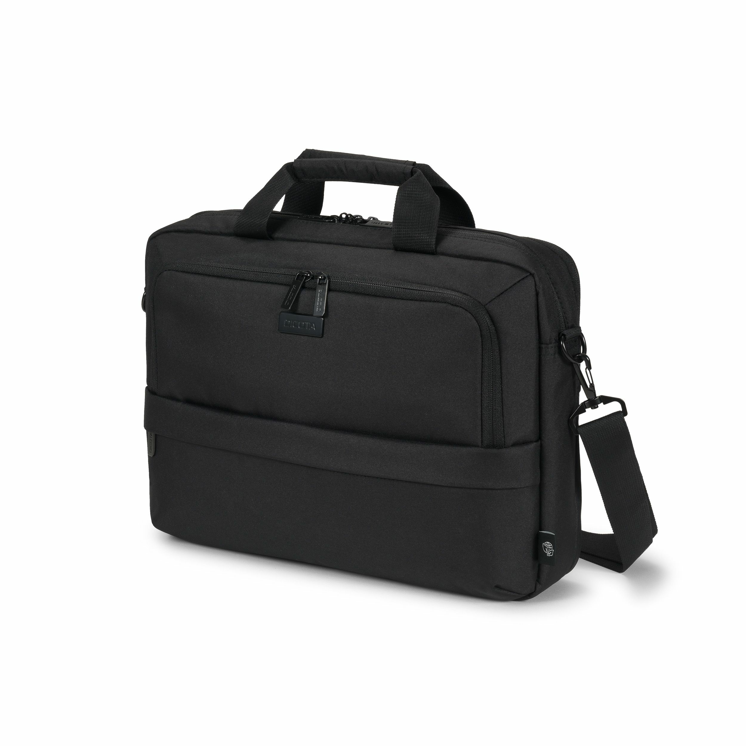Borsa per laptop nera con manico e tracolla. Sfondo bianco.