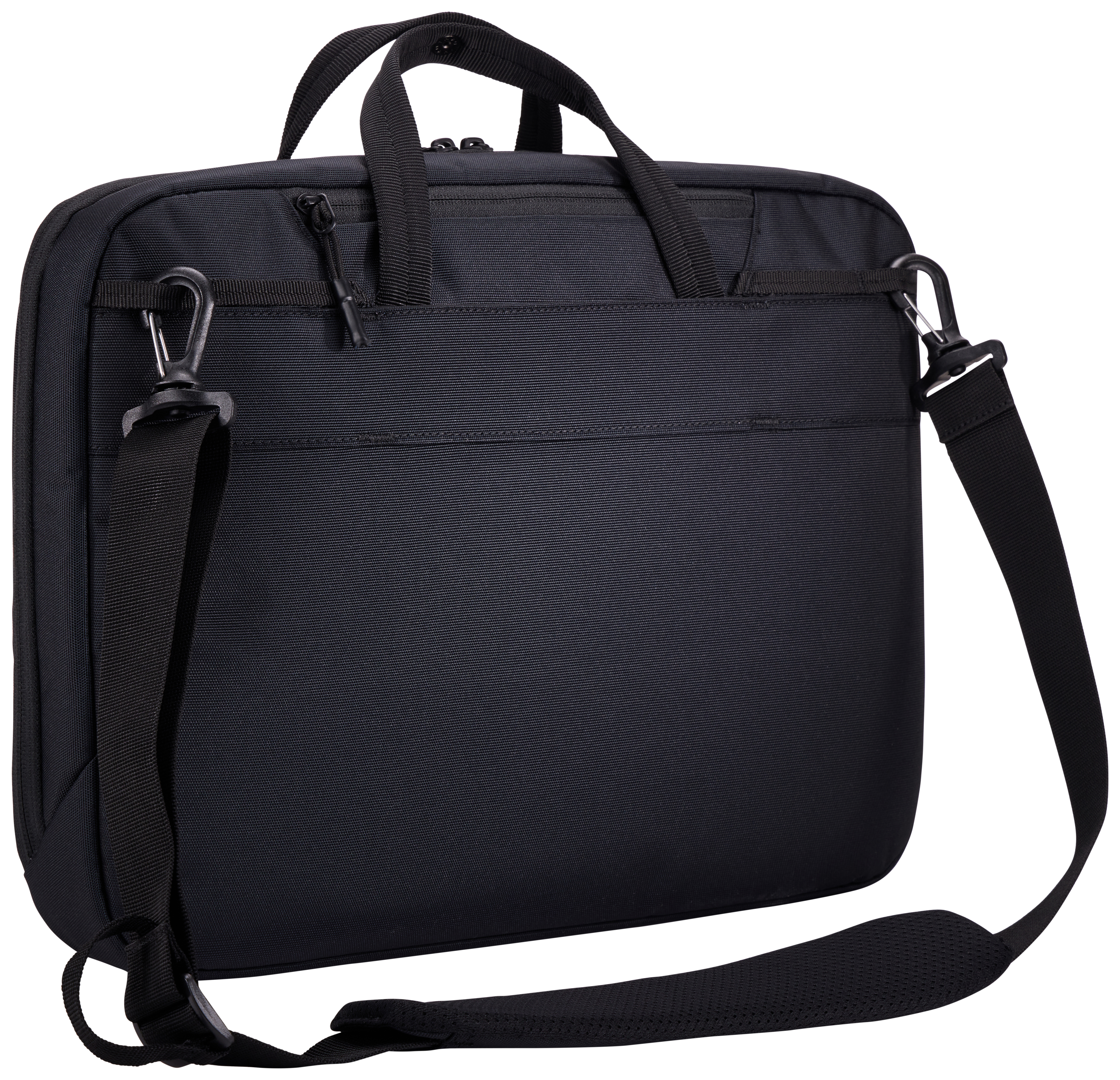 Borsa nera per laptop con tracolla. Clip e cerniere neri. Sfondo bianco.