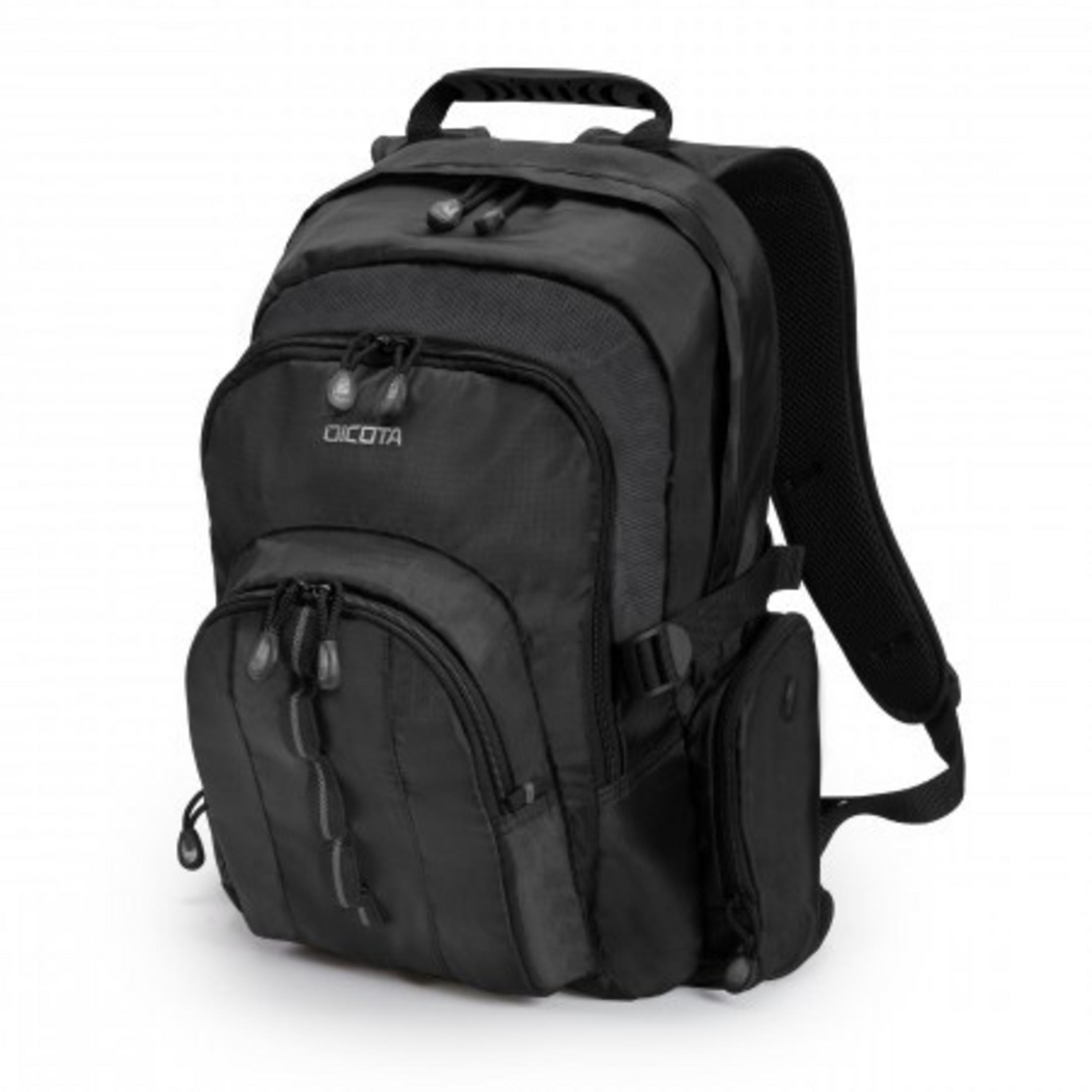 Zaino nero con scomparti multipli e cerniere. Sfondo bianco.