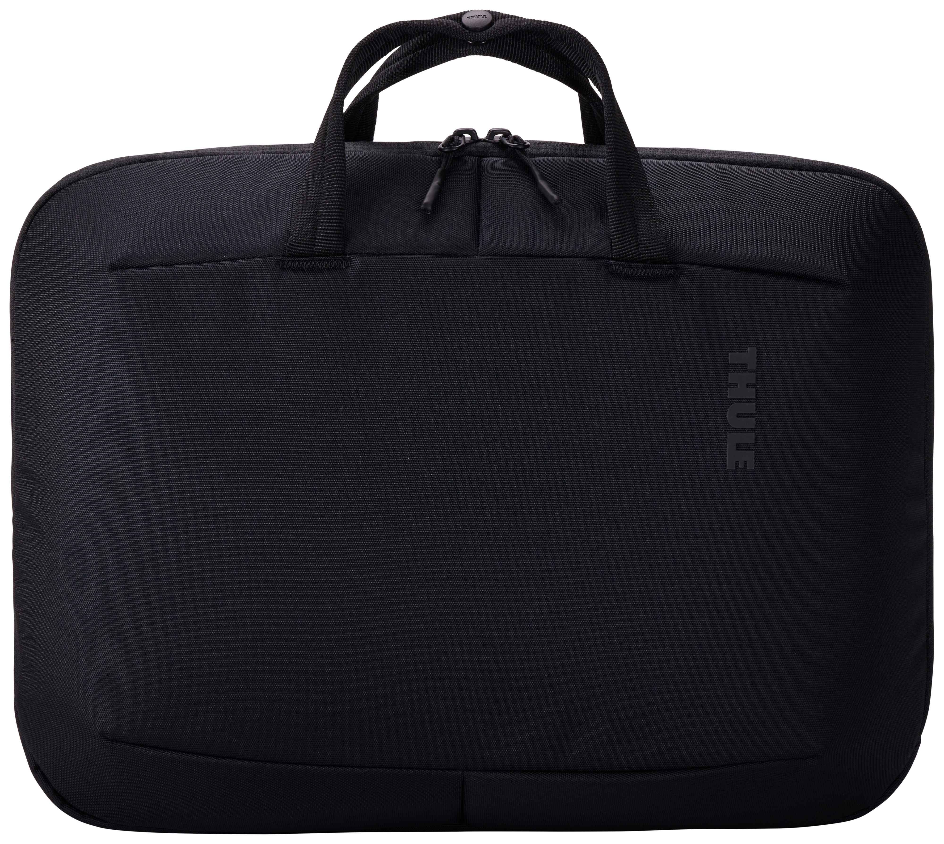 Borsa per laptop nera con manico. La borsa ha un logo Thule. Sfondo bianco.