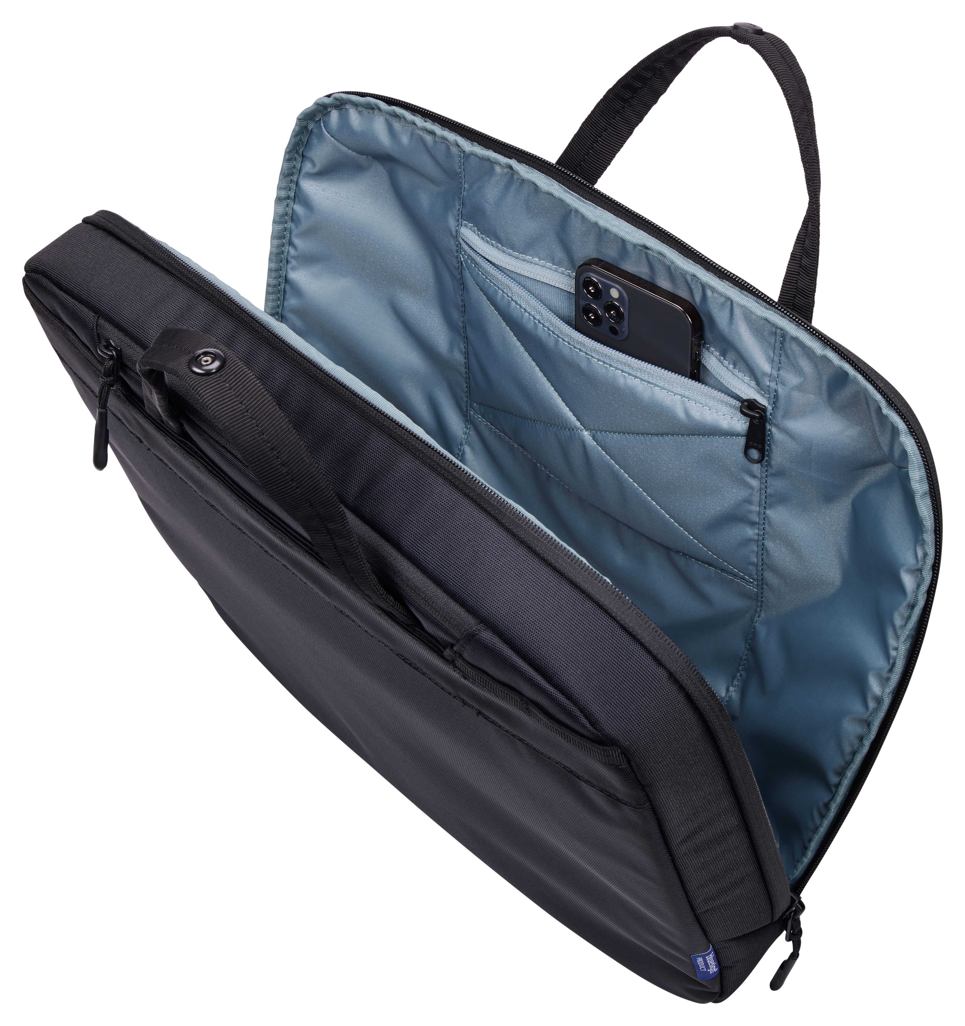 Borsa per laptop nera aperta. All'interno, un telefono e altri oggetti sono nelle tasche. Fodera blu.