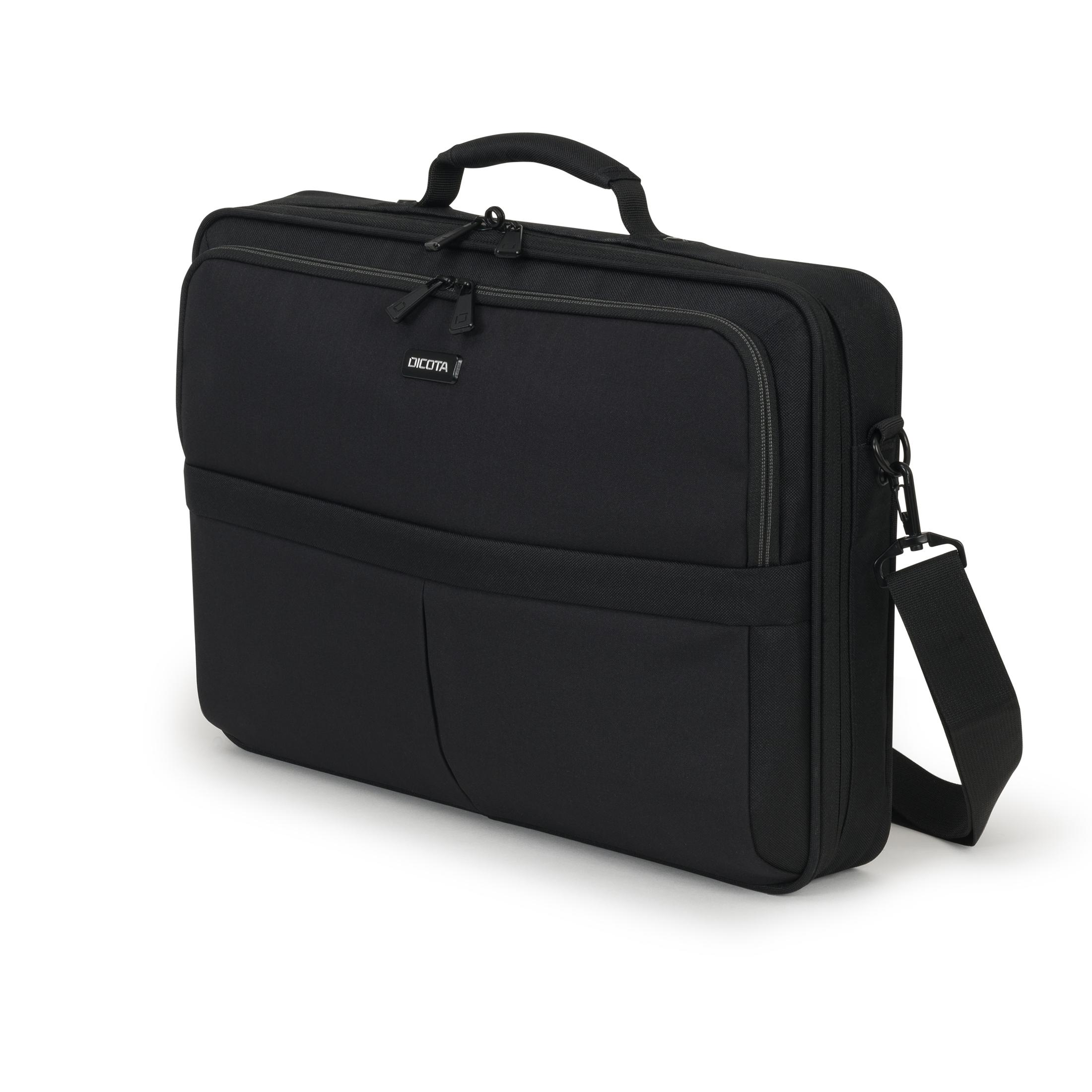 Borsa per laptop nera con manico, tracolla e sfondo bianco.