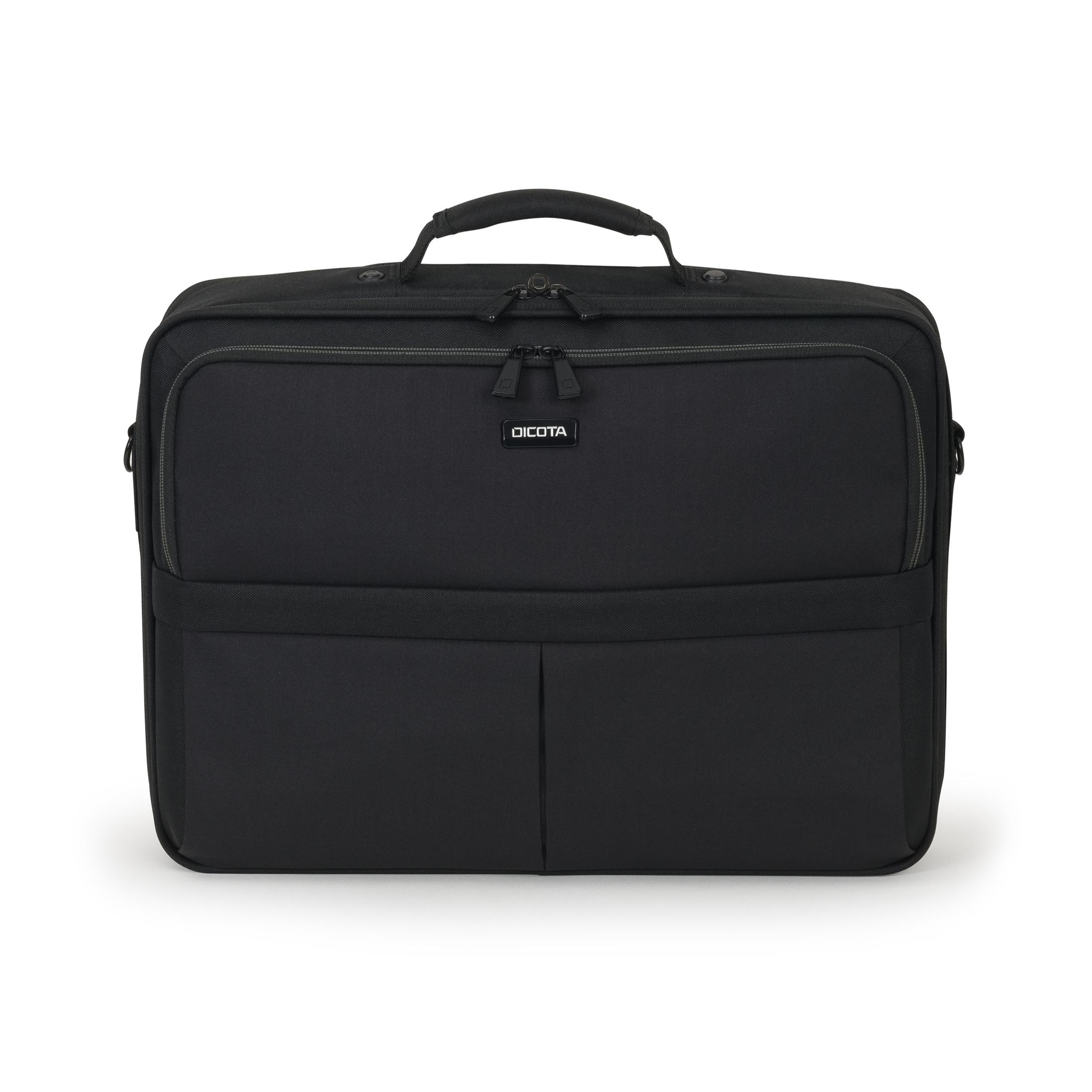 Borsa per laptop Dicota nera con manico, tasche frontali con zip e logo. Sfondo bianco.